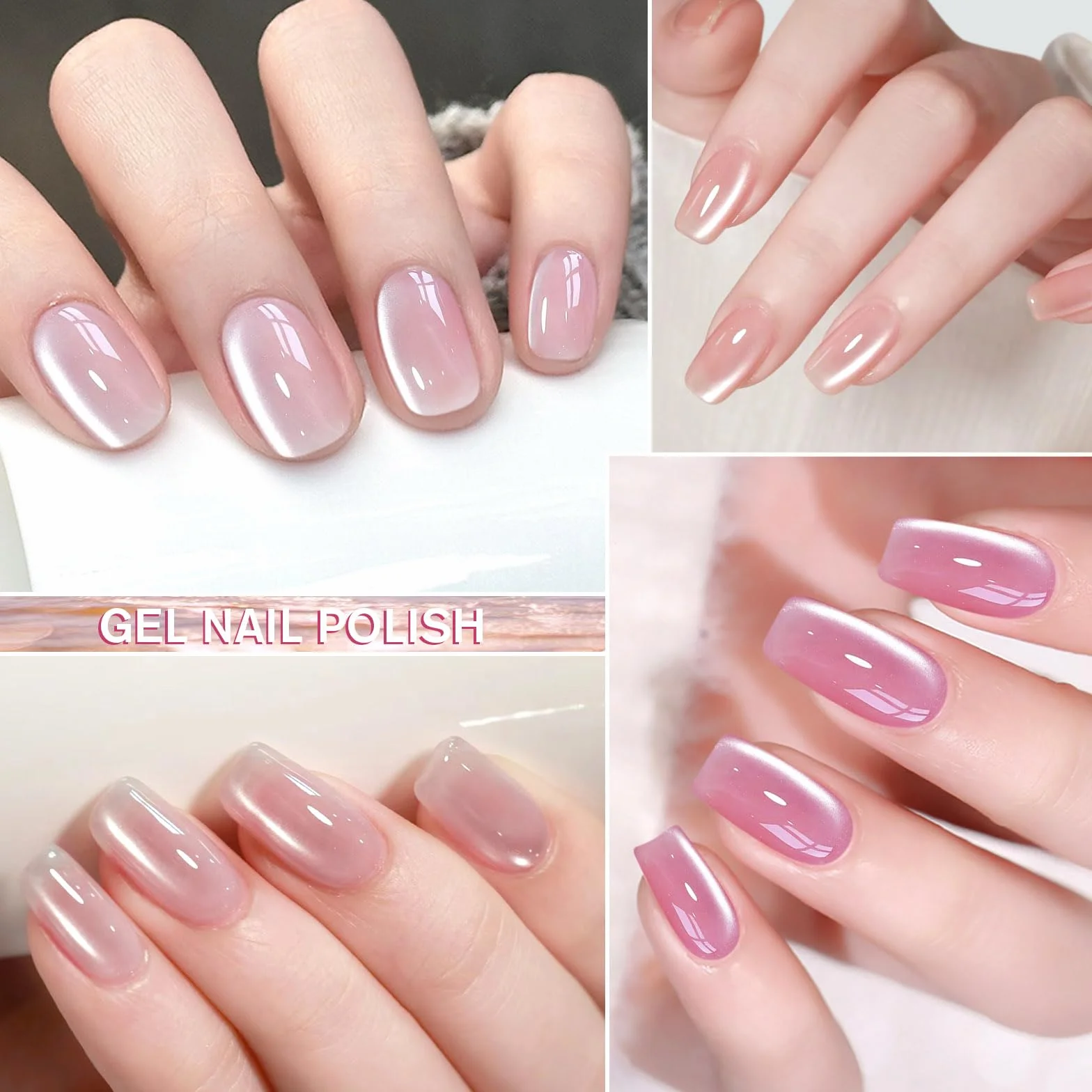Shining She Półtrwały lakier magnetyczny, 4 odcienie bladego różu, holograficzny brokat kocie oko, z magnetycznym sztyftem, lakier UV/LED, lakier do paznokci, do salonu, domu DIY, 8 ml