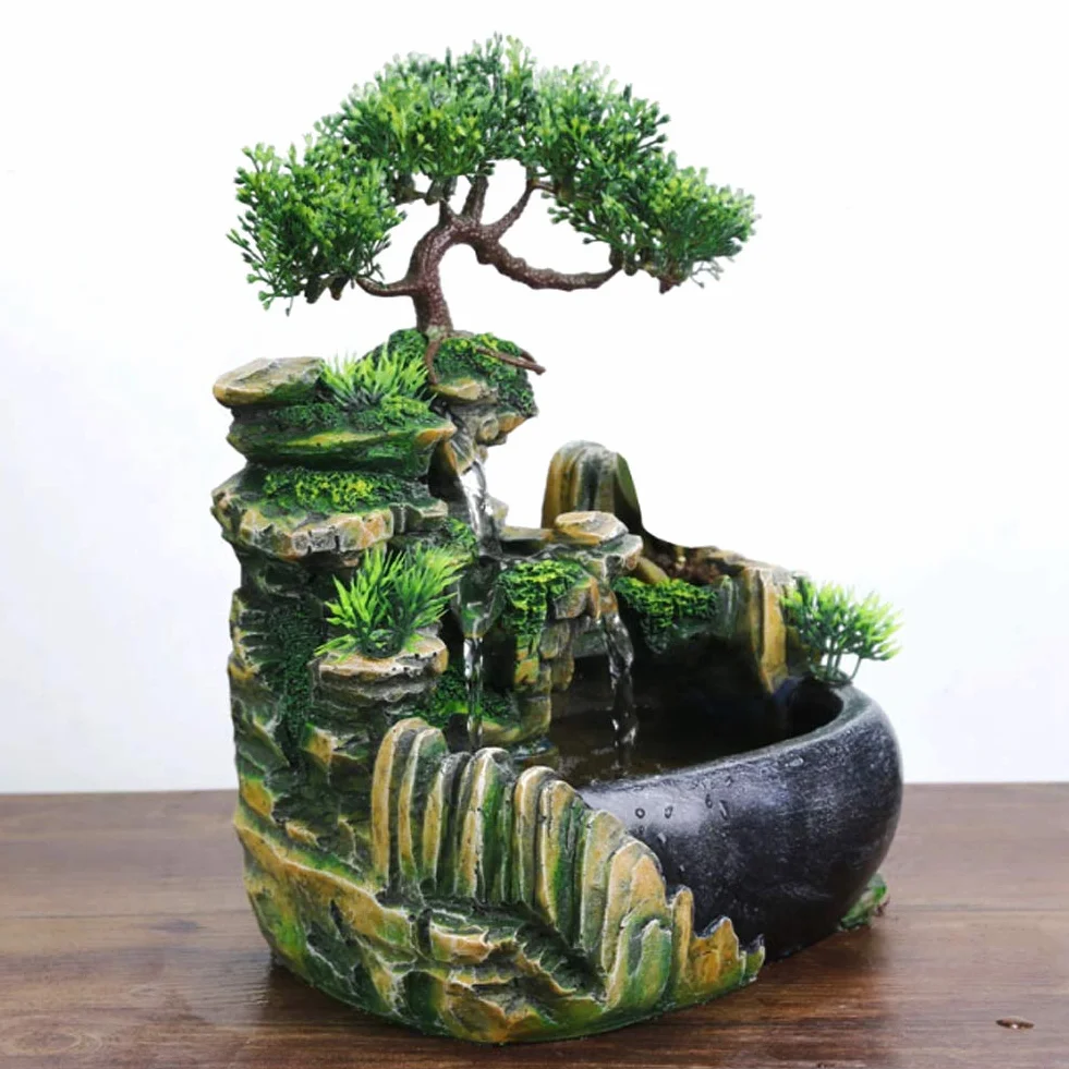 Fontanna na biurko, wewnętrzna fontanna na biurko Wodospad LED Fontanna na biurko ze zmianą koloru do dekoracji biurka Symulacja Rockery Humidifier Decor (EU 220V)