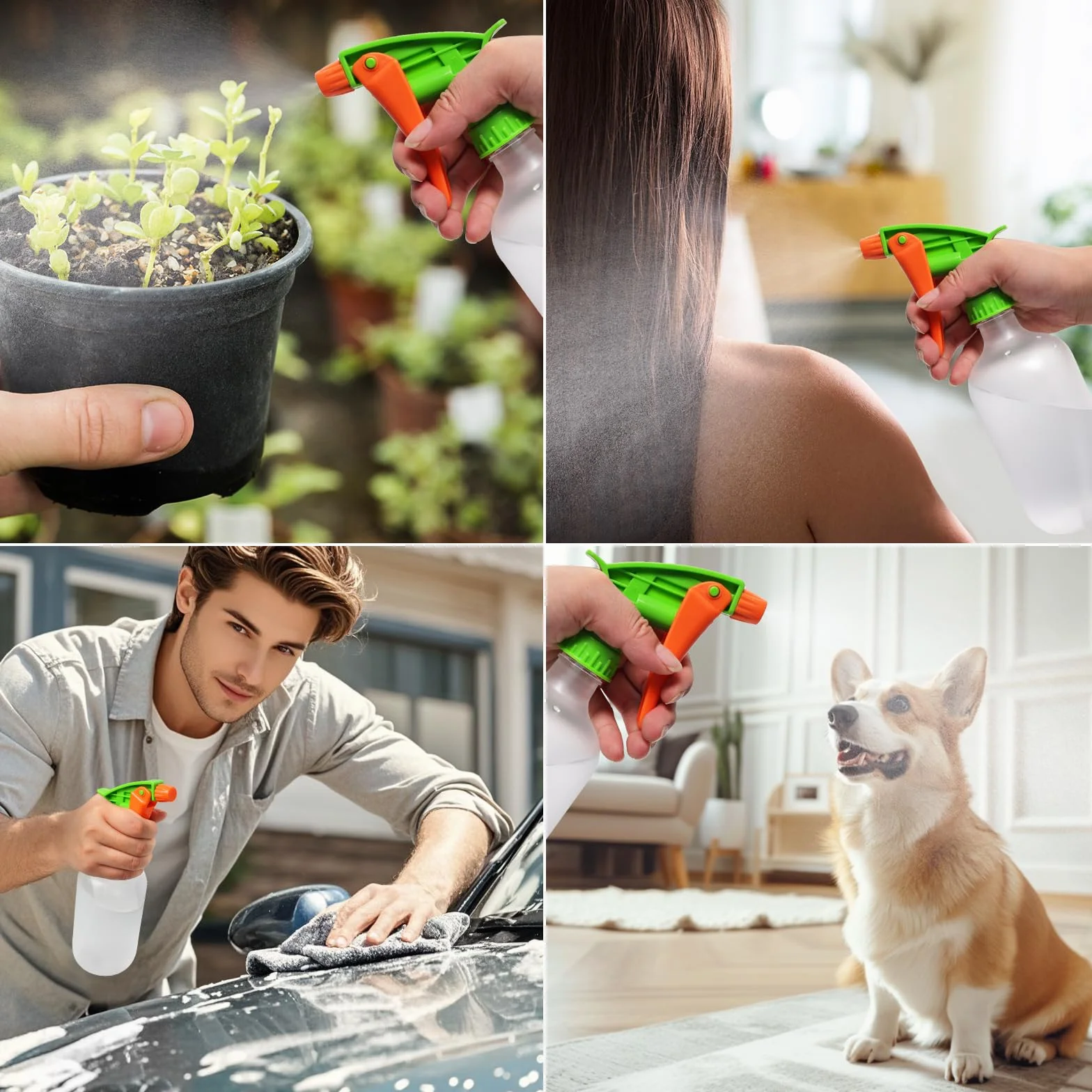 2 x butelka z rozpylaczem 500 ml, regulowana dysza, spust z 4 palcami, biała butelka + pomarańczowa dysza, materiał PET, ergonomiczna konstrukcja, szczelna, mgiełka do strumienia