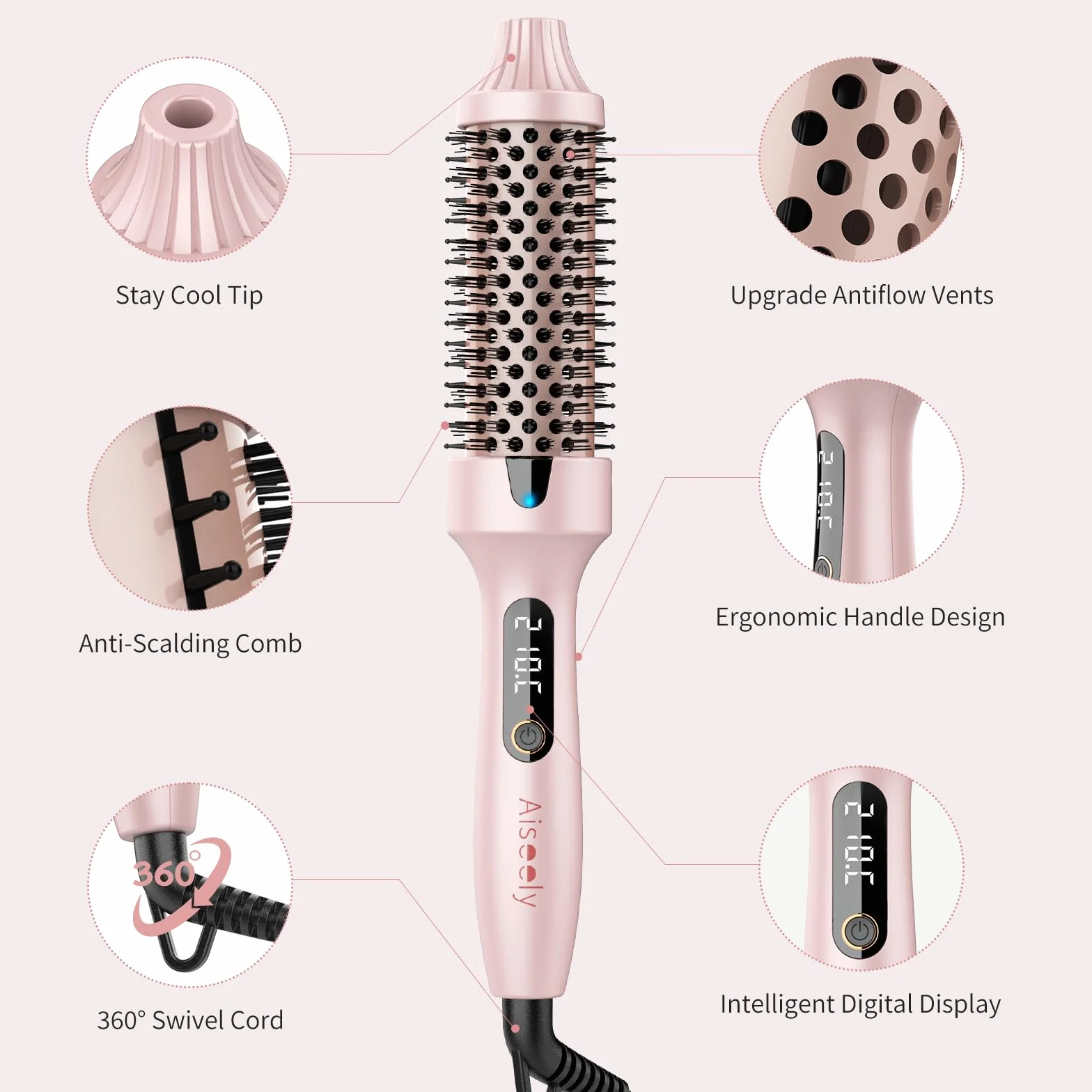 AISEELY Thermal Brush 38 mm, Lonic 3 w 1 szczotka grzewcza, 160-220°C, z podgrzewanym grzebieniem, szczotka do wygładzania włosów, szczotka termiczna, objętość i luźne klamry