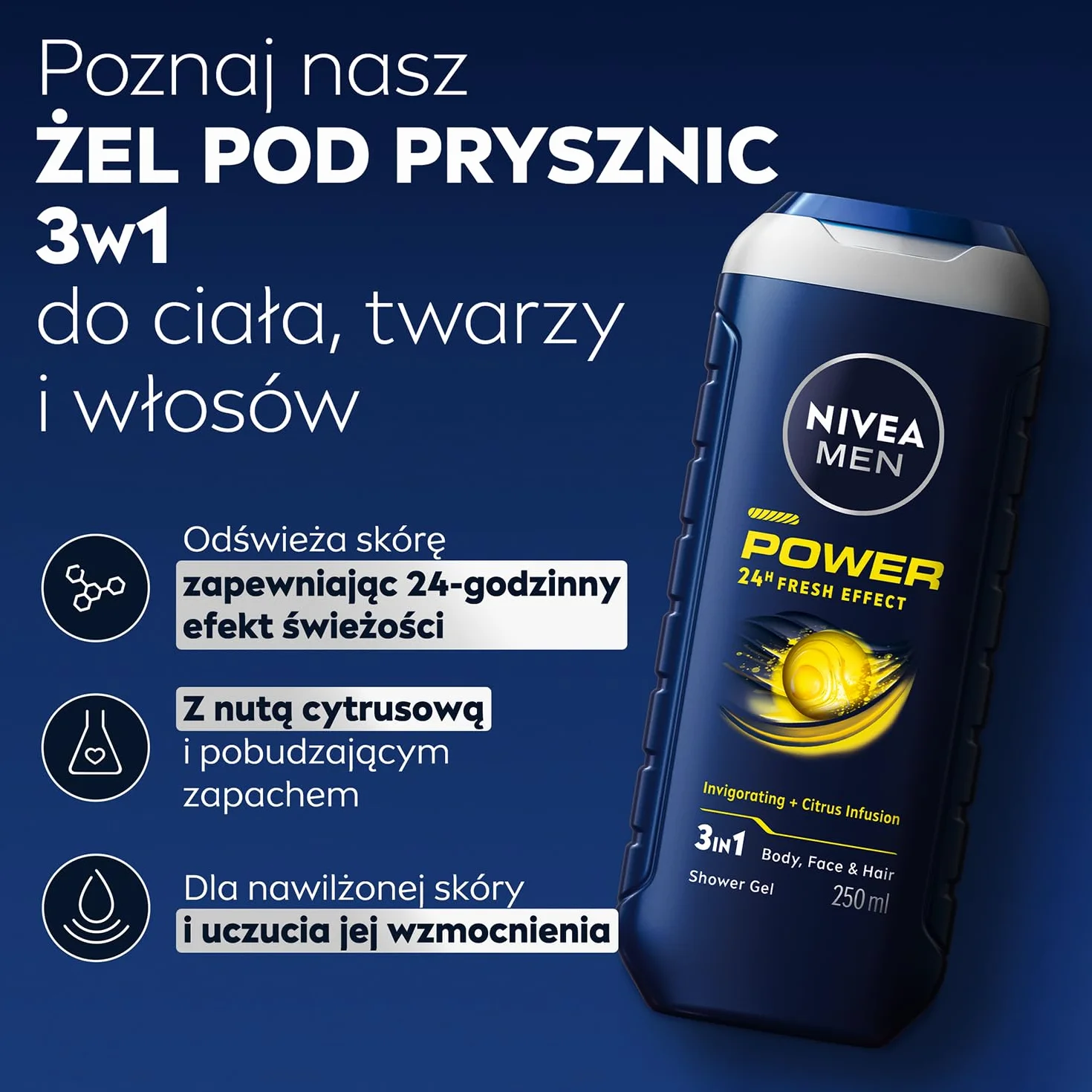 NIVEA MEN Power 24 H Fresh Effect 3w1 Pobudzający żel pod prysznic męski 500 ml