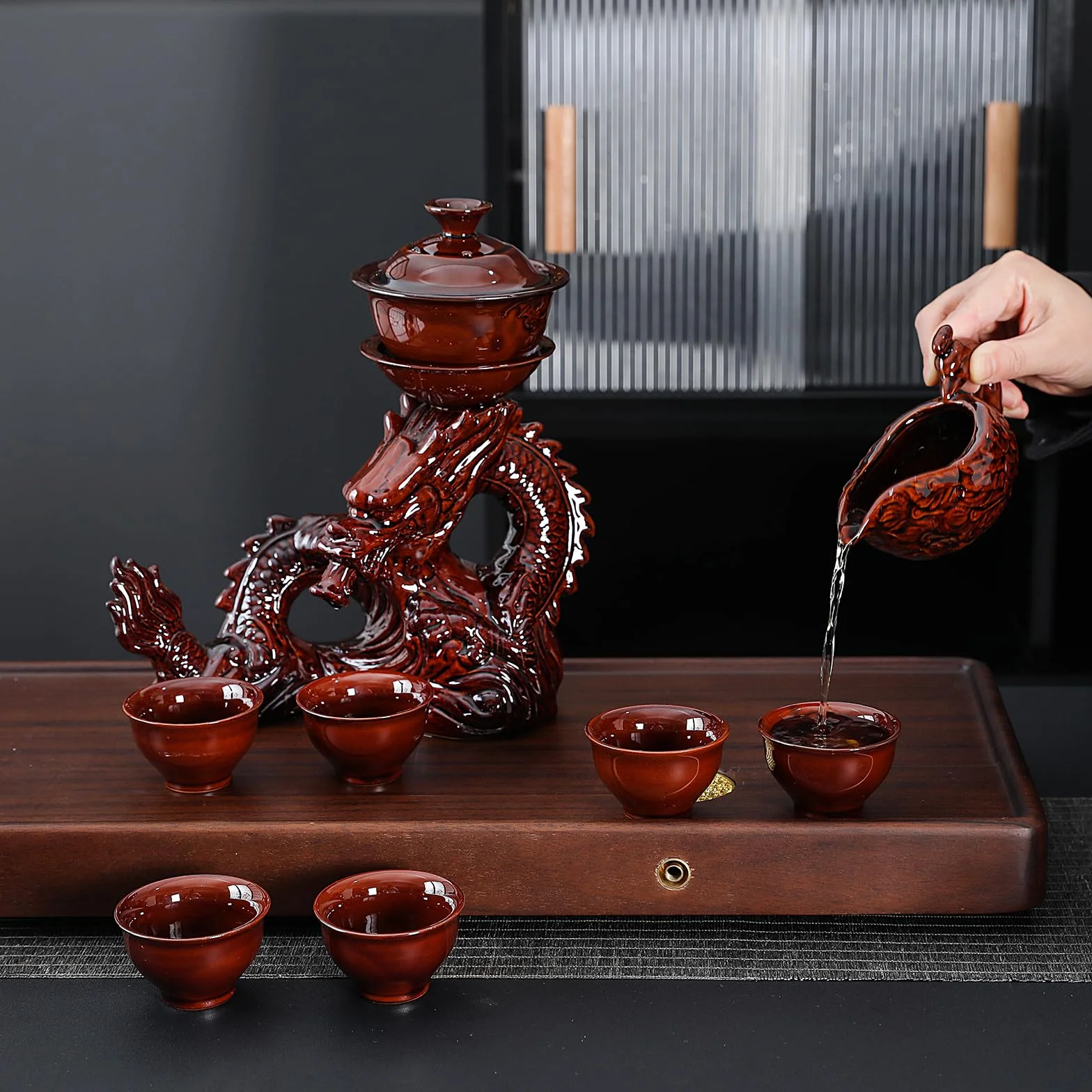 fanquare Półautomatyczny zestaw do herbaty chiński Loong Kungfu czajniczek filiżanka do herbaty czerwona porcelana serwis do herbaty dla mężczyzn dorosłych