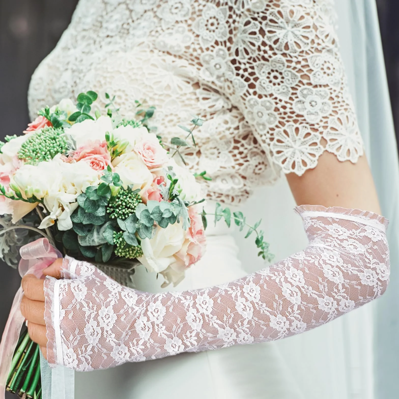 Lusofie 2 pary długich koronkowych rękawiczek bez palców, formalne, dla panny młodej, koronkowe, kwiatowe rękawiczki na ślub, przyjęcie herbaciane, zaręczyny, studniówkę, rękawy na ramiona, biały