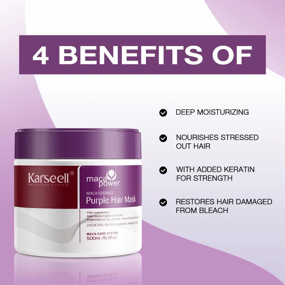 Karseell Purple Hair Mask 500ml Neutralizuje Mosiężne i Żółte Odcienie dla Blond Srebrnych Siwych Rozjaśnianych Włosów