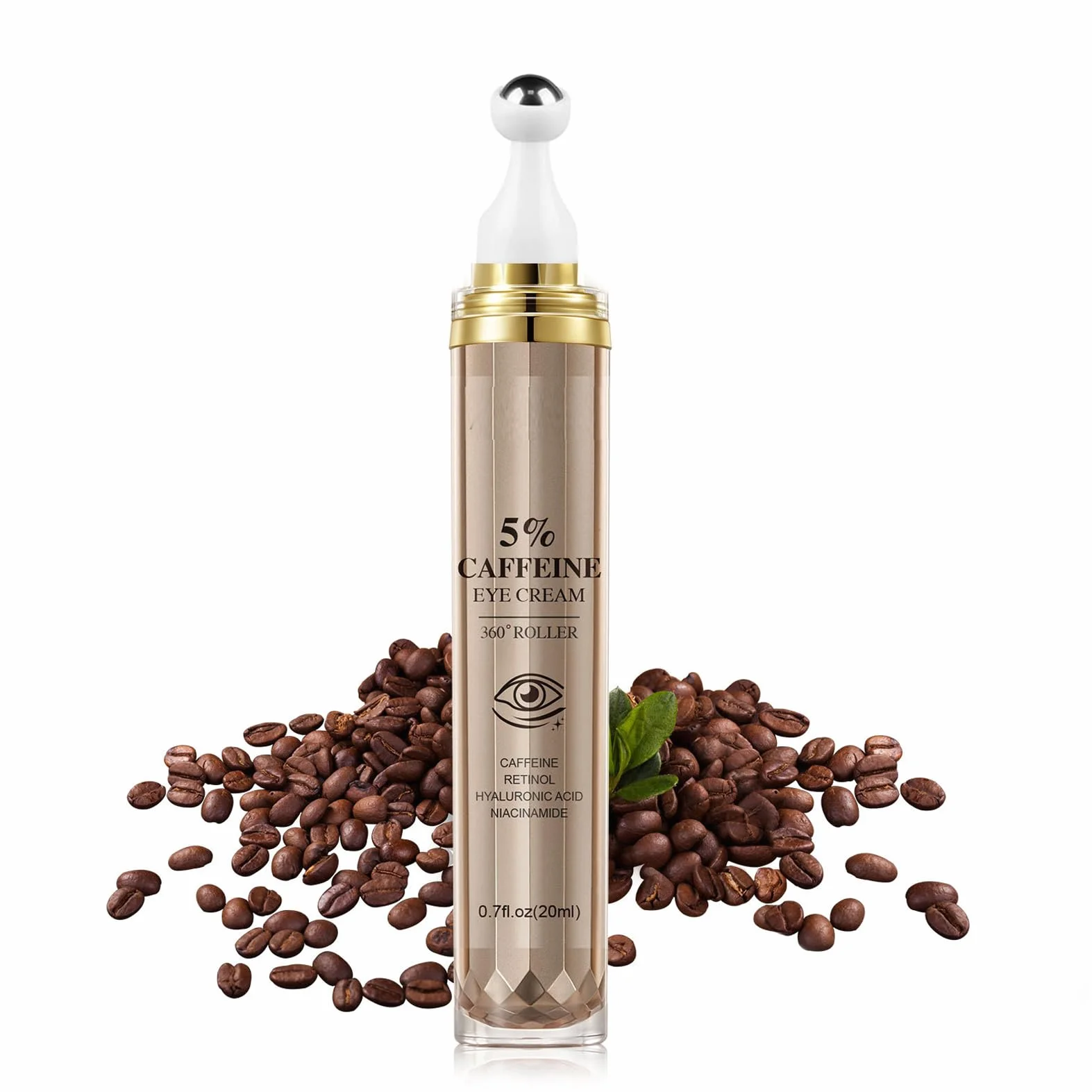 Serum do oczu z kofeiną, krem pod oczy przeciwko obrzękom i cieniami, serum przeciwstarzeniowe z 360° kulką do masażu, serum eliminujące cienie pod oczami – pielęgnacja oczu zmniejszająca worki pod