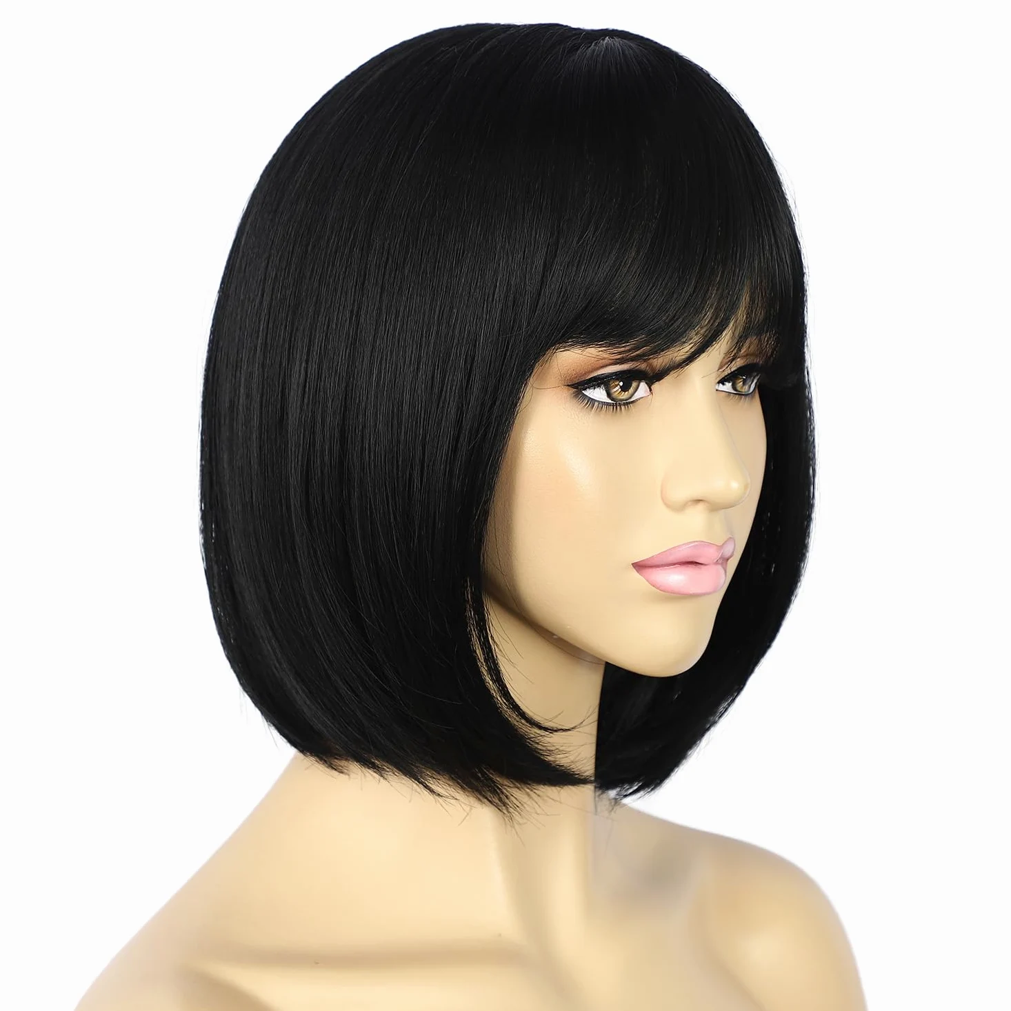 Sapphirewigs Czarne peruki bob dla kobiet z grzywką, krótka, naturalnie wyglądająca, 30 cm