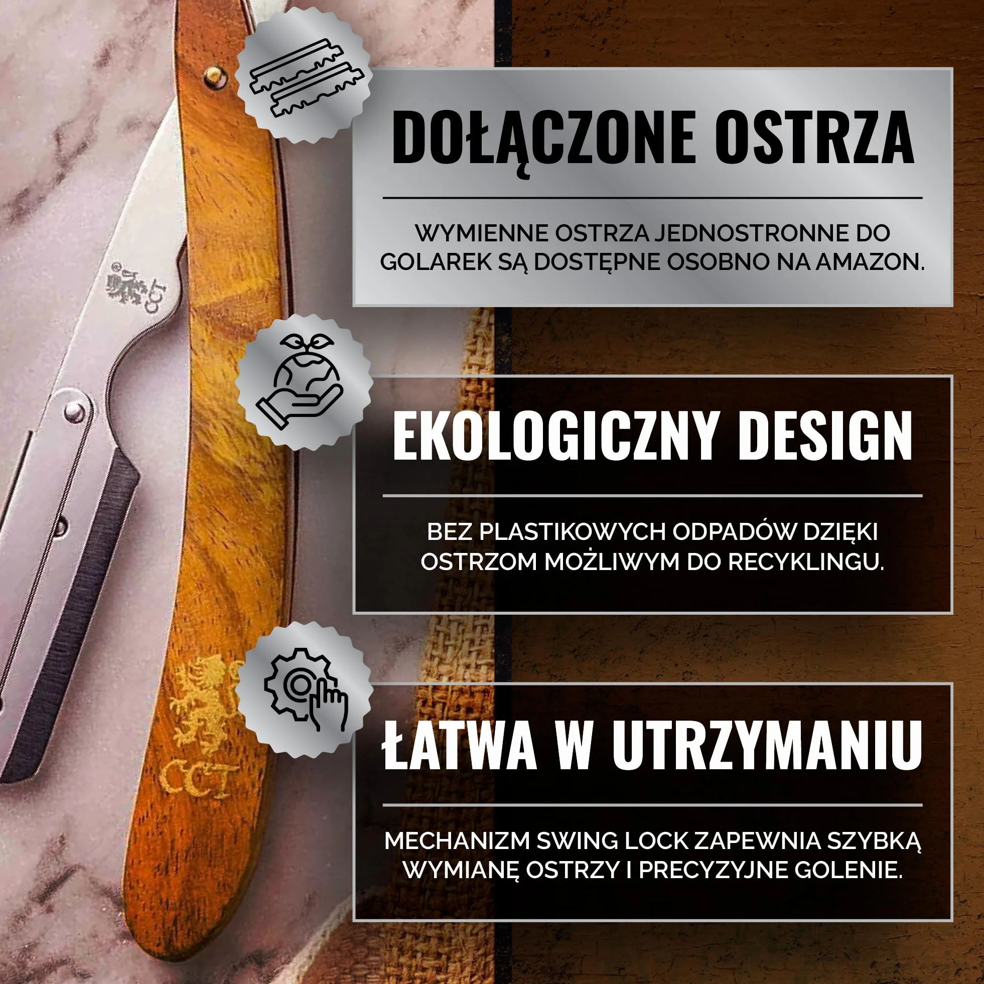 Profesjonalny zestaw brzytwy The Cambridge Cutthroat® Missanda z Drewna i Stali Nierdzewnej, brzytwa z pojedynczym ostrzem premium, do stylizacji wąsów i brody, z etui podróżnym