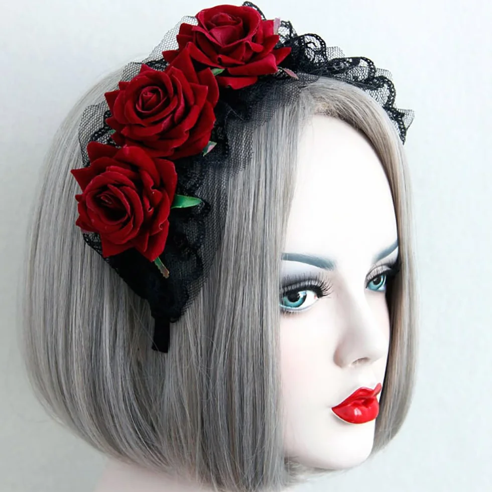 Gotycka czarna koronkowa czerwona róża opaska do włosów cosplay Halloween impreza nakrycia głowy dla kobiet kobiet