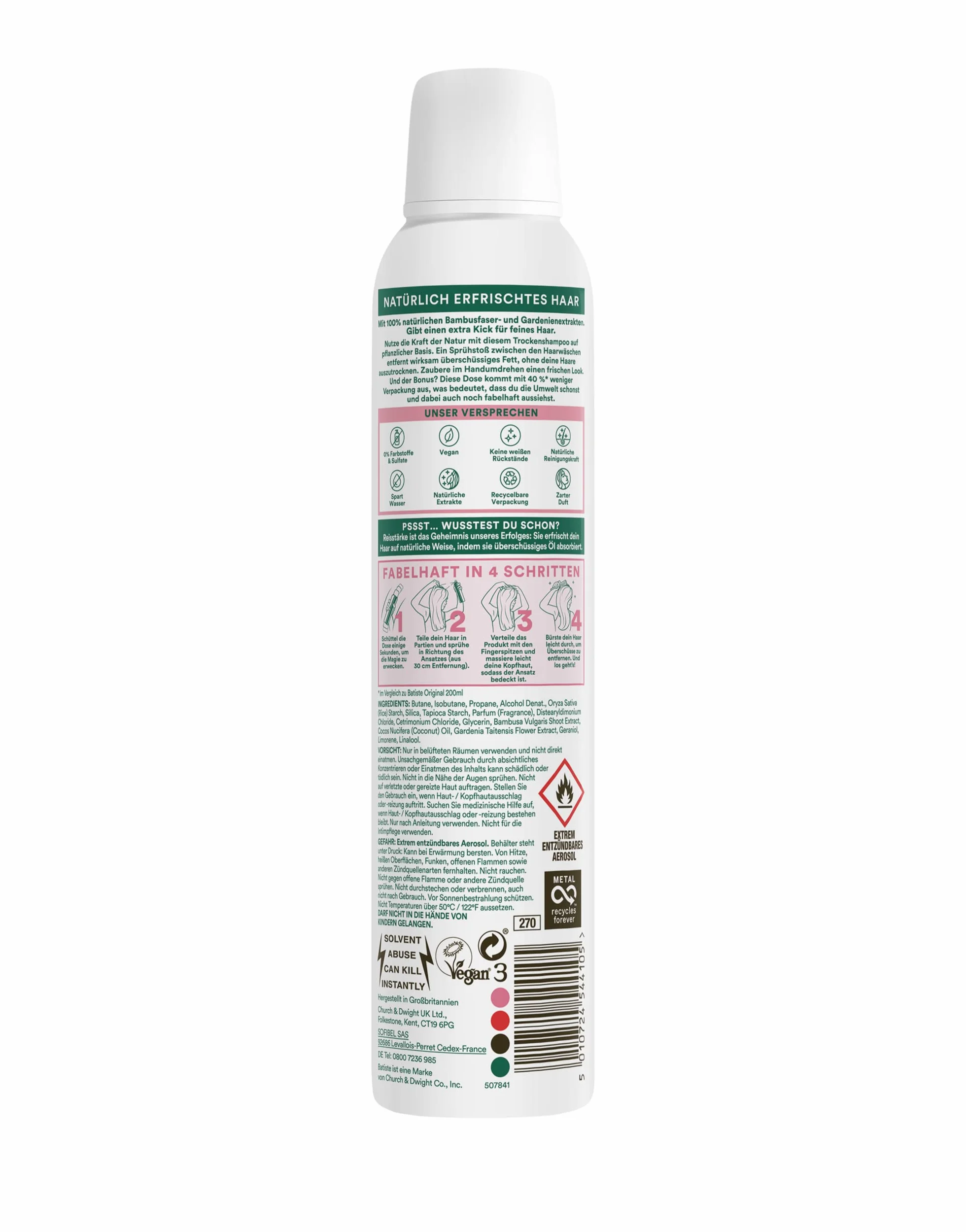 Batiste Suchy szampon Naturally włókna bambusowe & Gardenia 200 ml, suchy szampon do odświeżania i stylizacji cienkich włosów, bez spłukiwania, wegański, ze 100% naturalnych ekstraktów