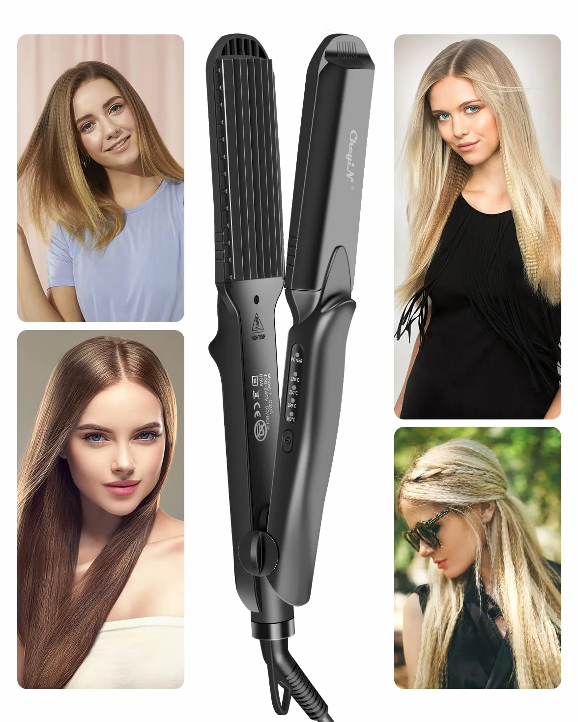 CkeyiN Prostownica do włosów, 4 w 1, ceramiczna prostownica do włosów, multistyler, prostownica falista, regulacja temperatury, gładka i zaciskarka do włosów