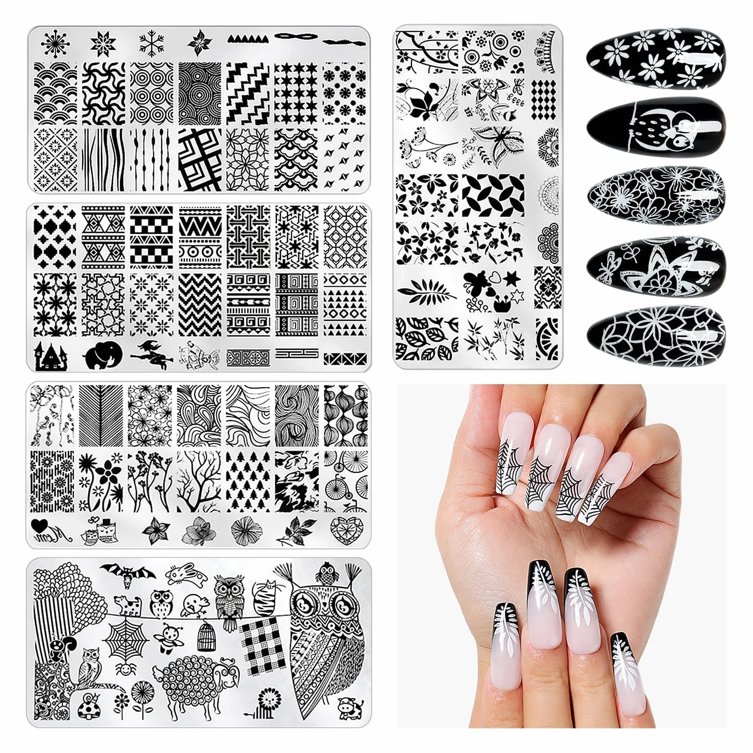 AIMEILI Nail Art Tamping Plates Zestaw do manicure pedicure 5 szt. płaskich paznokci z 2 stamper i 2 skrobaczki