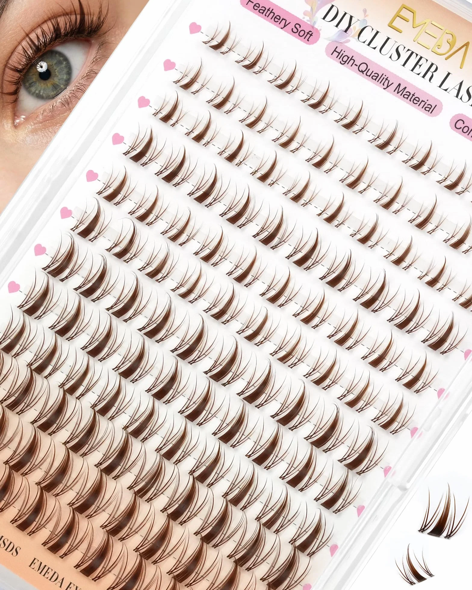 EMEDA Manga Naturalne Brązowe klastry rzęsy Wispy Anime DIY do Przedłużania Rzęs indywidualne rzęsy D-Curl z Przezroczysty i miękki band 8mm 10mm 12mm 14mm Mix Lash Clusters Łatwe do Nałożenia