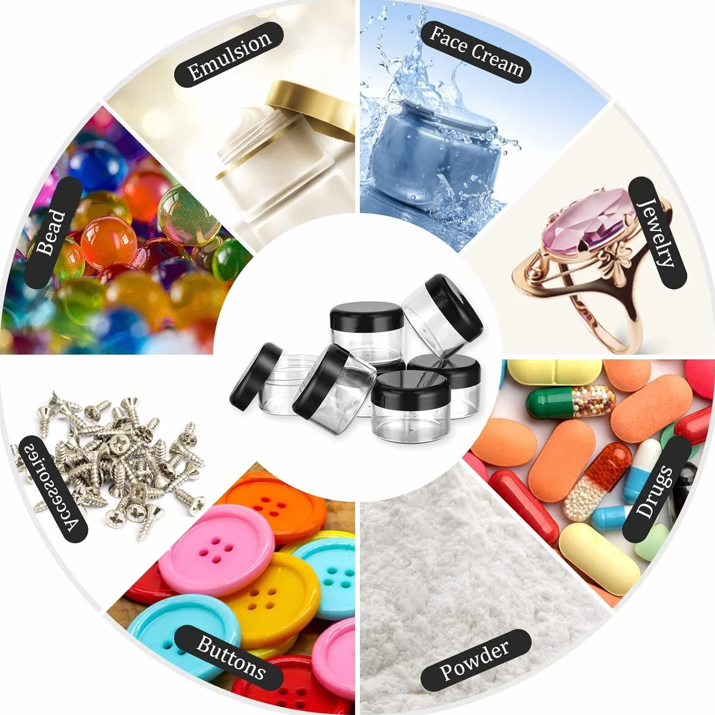 Flintronic Plastikowy słoik na kosmetyki 24 x 50 ml, przezroczysty i widoczny pojemnik na próbki, czarna zakrętka butelka z naklejką i małą łyżką, nadaje się do kosmetyków/kremów/żelu/pasty/koralików
