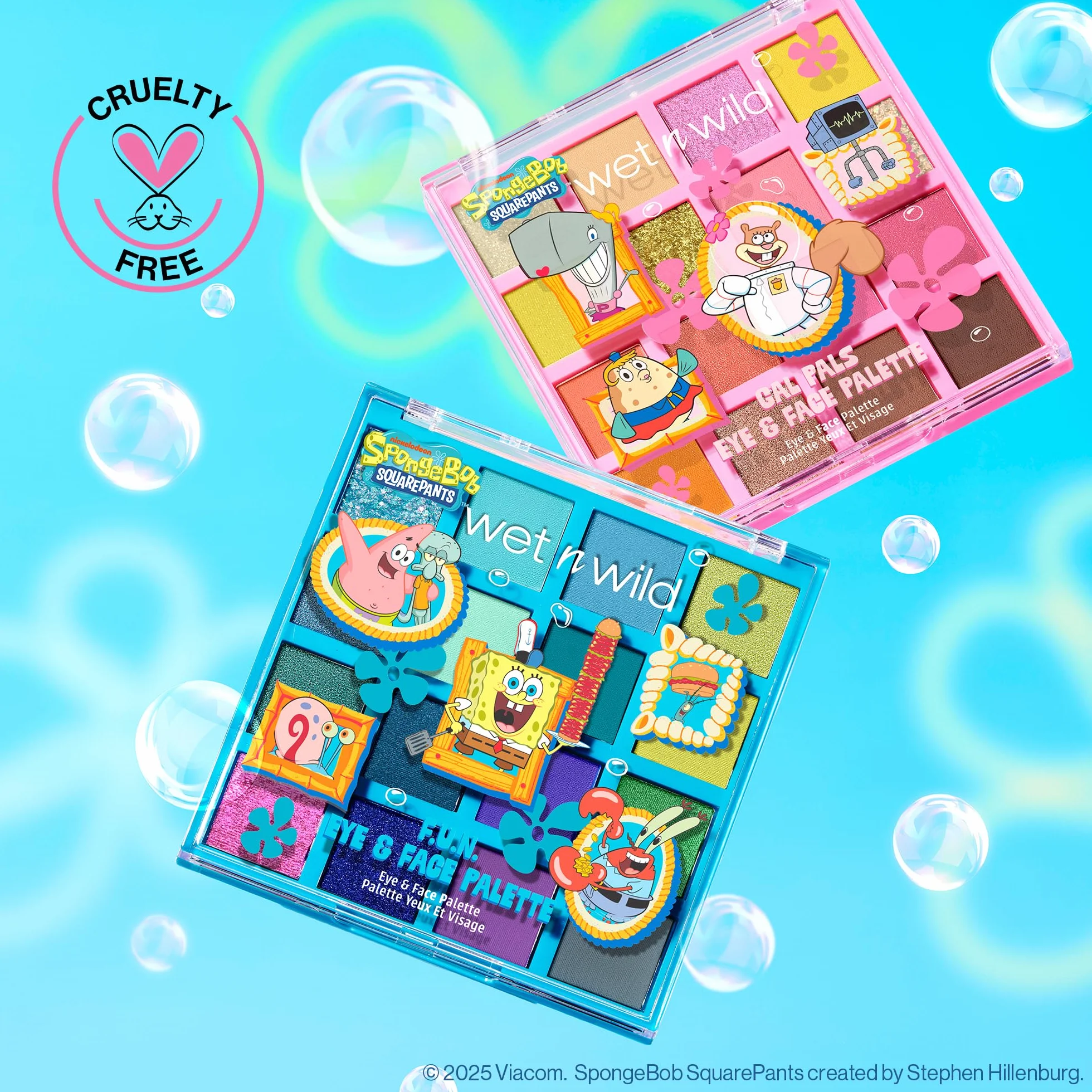wet n wild Spongebob paleta oczu i twarzy, paleta oczu i twarzy z 16 pigmentowanymi odcieniami w matowych i połyskujących wykończeniach