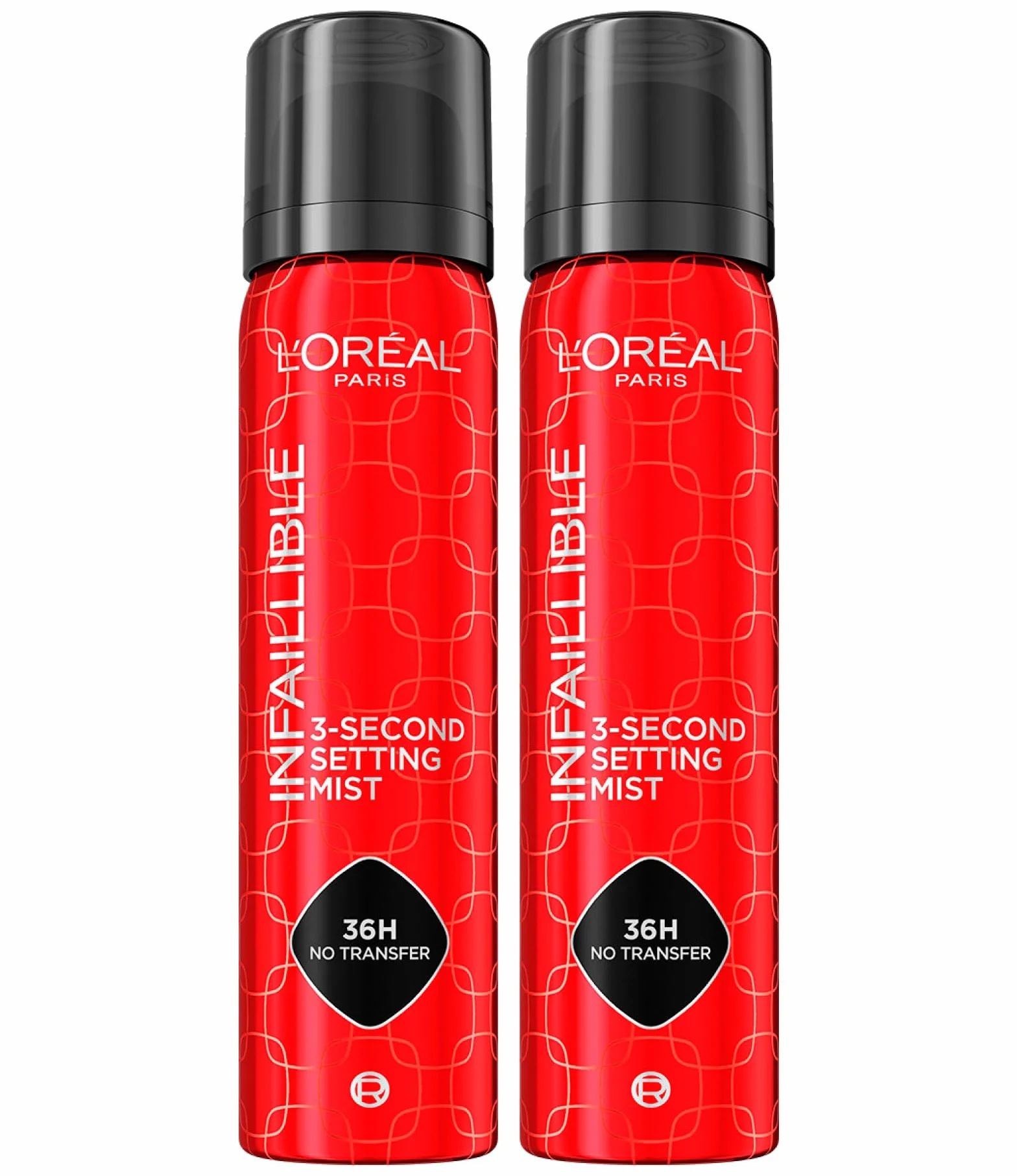 L'Oréal Paris Infaillible Spray utrwalacz do makijażu twarzy, 3 sekundy ustawienie mgły 36 H, bez transferu, lekka, szybkoschnąca, odporna na pot i wodę, 2 butelki po 75 ml
