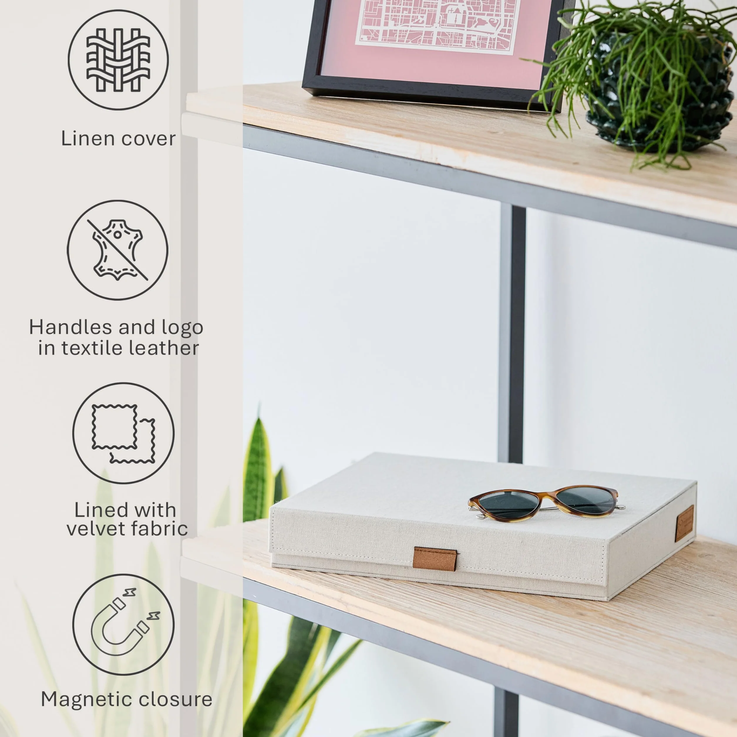 LOVE IT STORE IT organizer na 8 okularów premium – wykonany z lnu – do przechowywania kilku okularów – wzmocniony drewnem – kolor beżowy – 32 x 25 x 5,5 cm