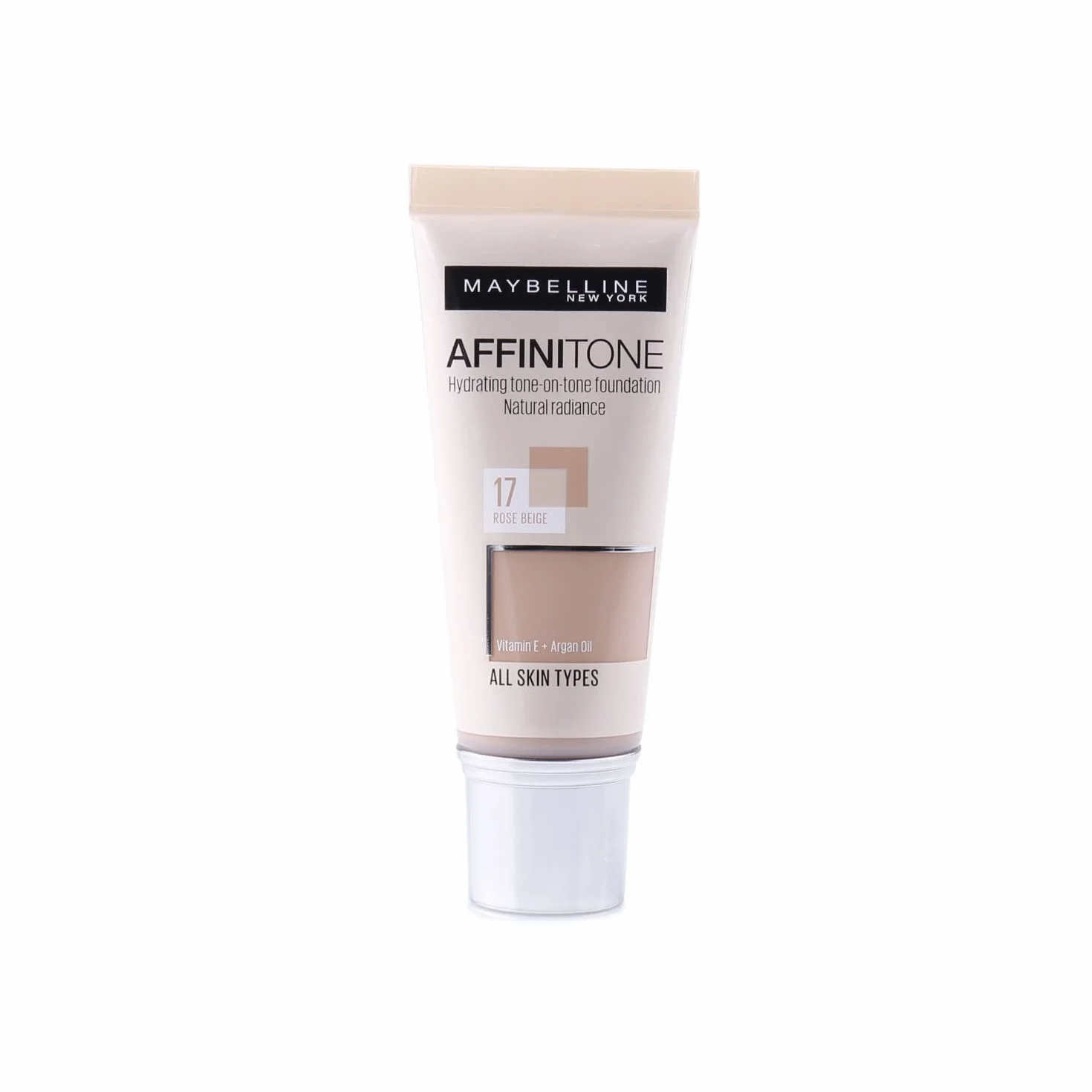Maybelline New York Affinitone nawilżający podkład do twarzy w płynie kwas hialuronowy witamina E fluid rozświetlający 17 Rose Beige 30 ml