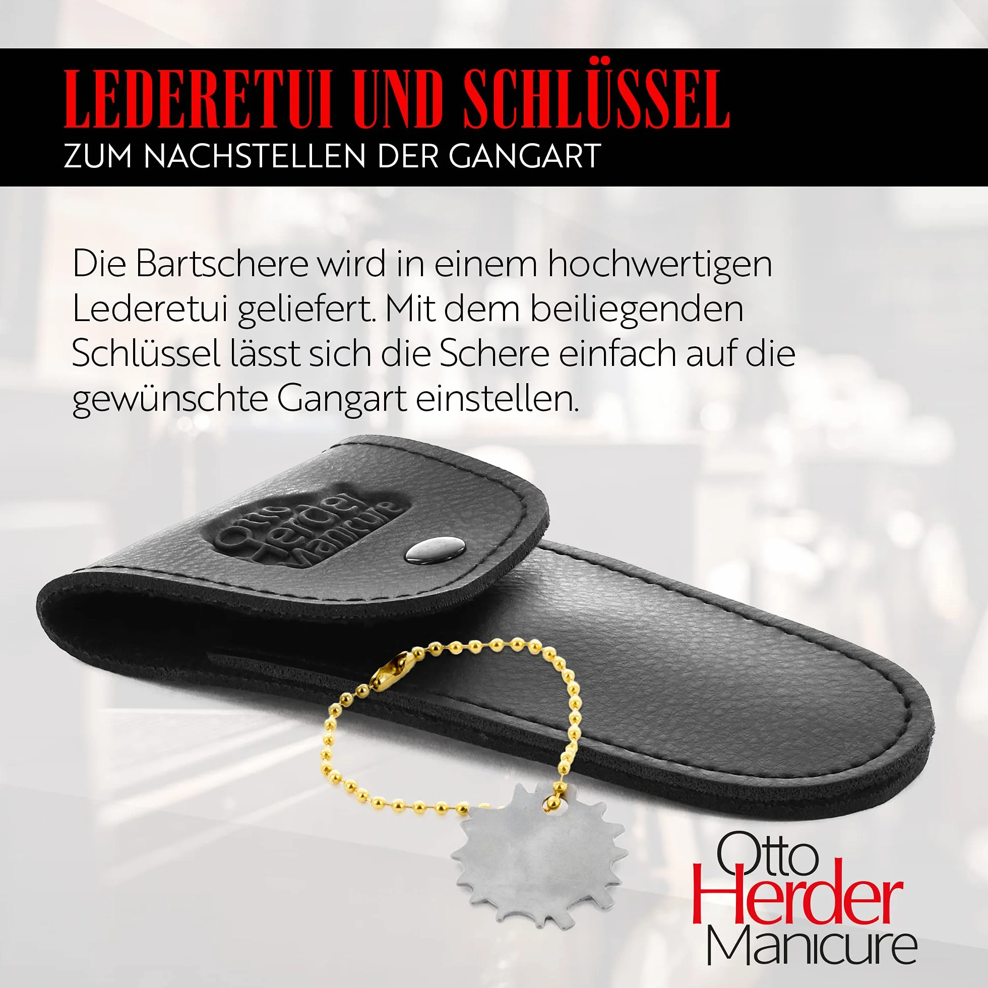 OTTO HERDER nożyce do brody dla mężczyzn 13 cm w skórzanym etui z matowej stali nierdzewnej z jednostronnym mikrouzębieniem i samoczynnie odkręcanym kluczem/nożyczki do brody do cięcia brody