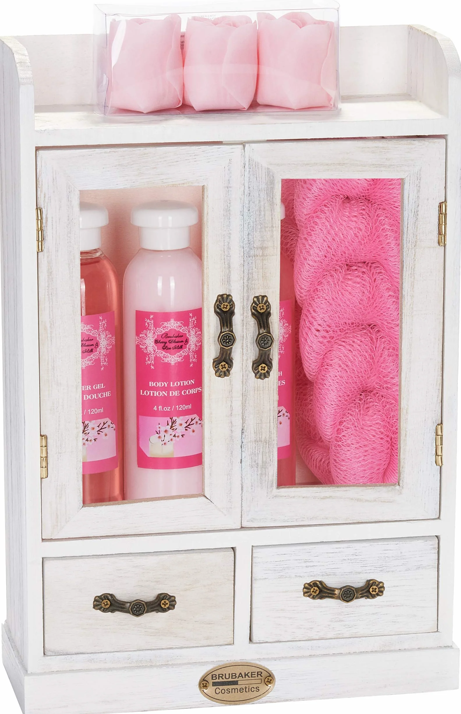 BRUBAKER Cosmetics Zestaw do Kąpieli 10-częściowy kwiat wiśni i mleko ryżowe wegański Vintage Beauty Cabinet White
