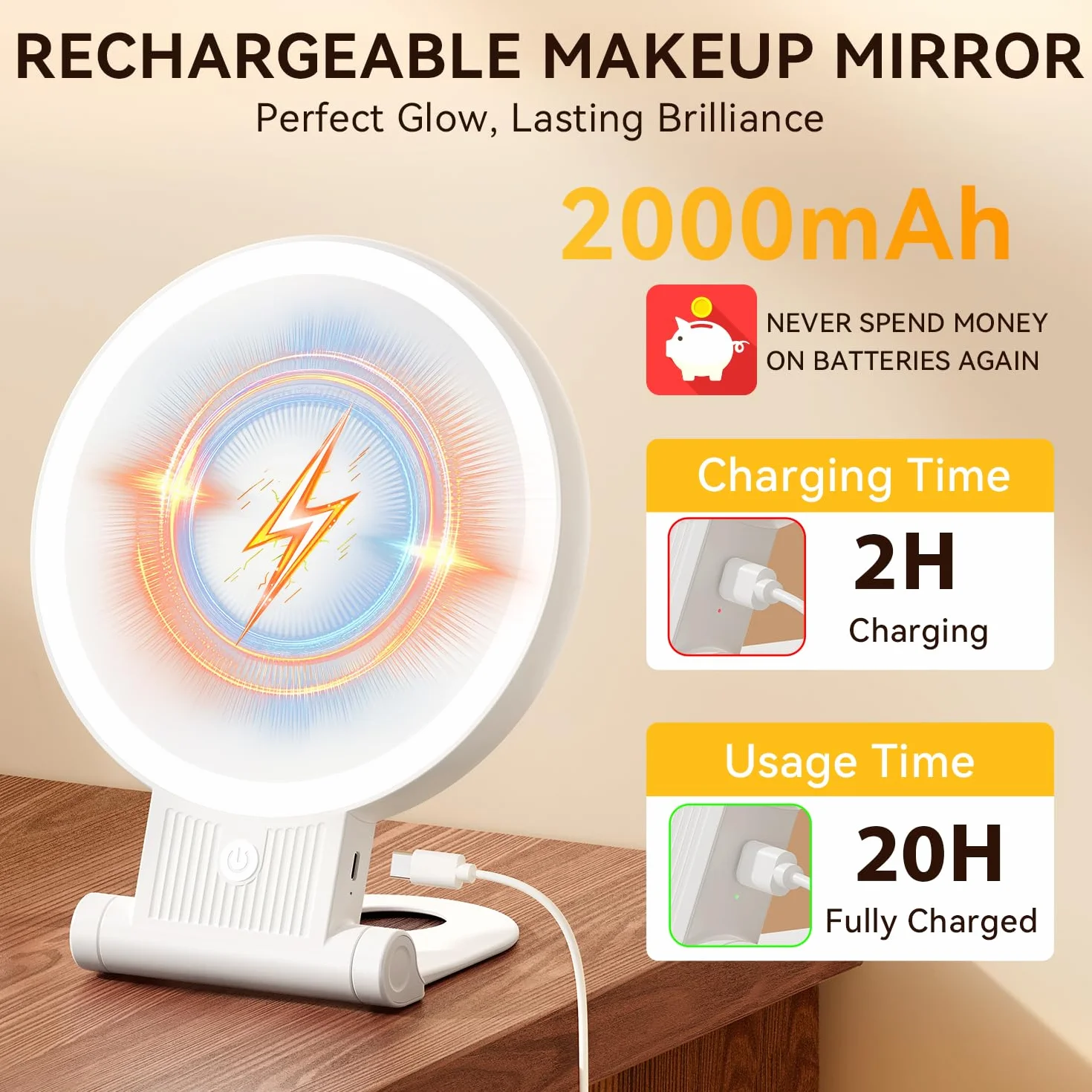 Auxmir Dwustronne lusterko powiększające 1X/30X ze światłem, 3-kolorowe diody LED, akumulator 2000 mAh do ładowania, składana konstrukcja podróżna z funkcją obrotu i precyzyjną pęsetą do urody i