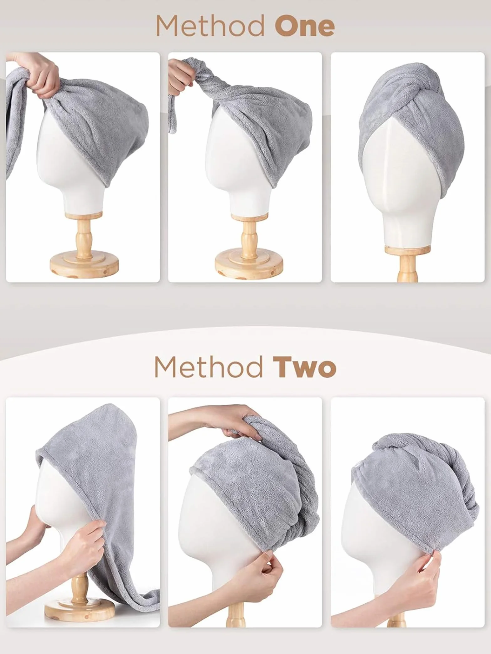 KU 3 sztuki ręczników z mikrofibry, turban, ręcznik do włosów z guzikiem, super chłonny, szybkoschnący, do spania, odpowiedni dla kobiet i dzieci, długie, krótkie, kręcone włosy (szary, różowy