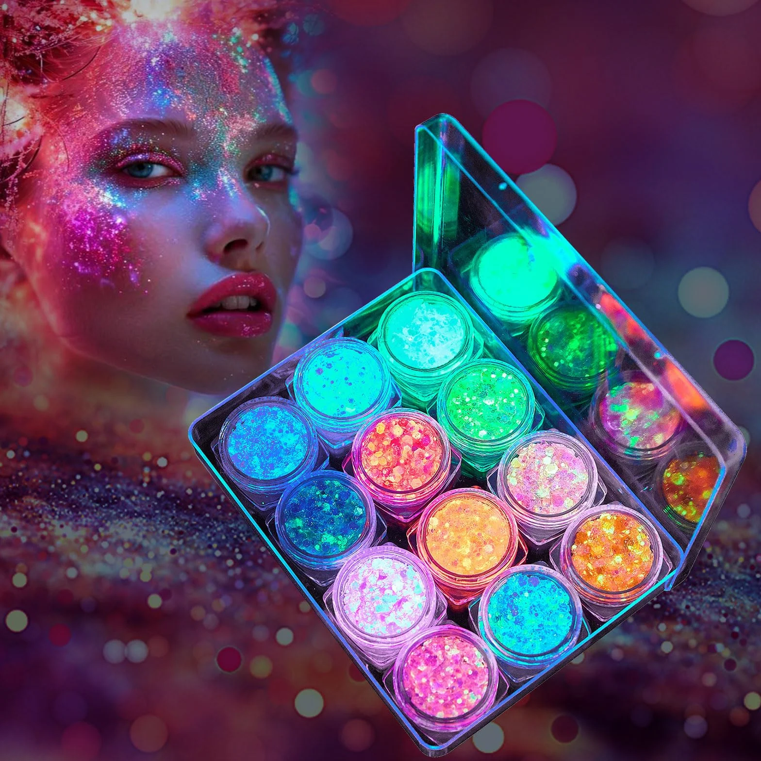 Fluorescencyjny brokat, 12 kolorów, żel brokatowy do paznokci i ciała, twarzy, włosów, dekoracji odzieży, cekinów do makijażu i akcesoriów festiwalowych