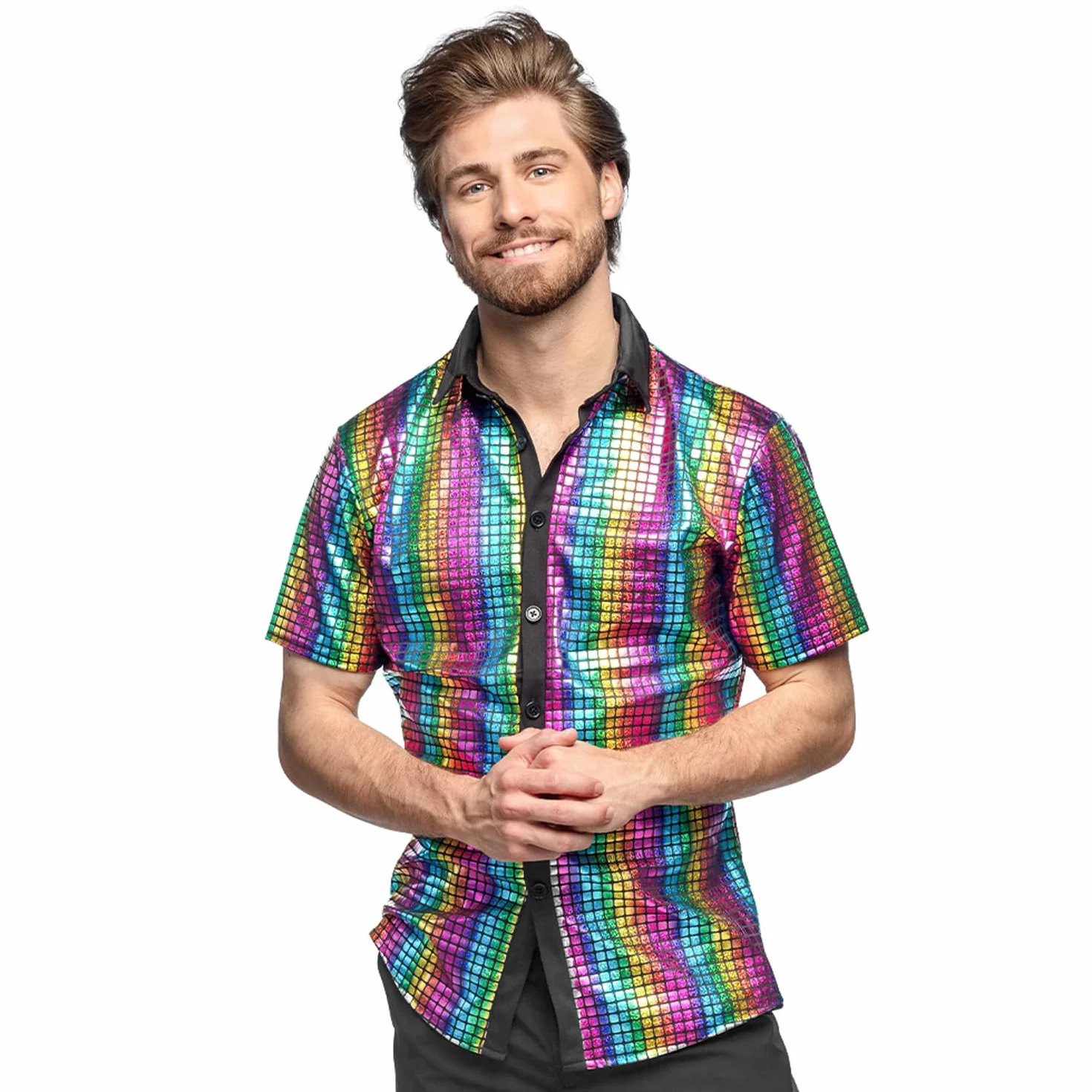 Boland - Coloured Disco Shirt, Disco Diamond Shirt, koszula męska z krótkim rękawem, top, koszula imprezowa na karnawał lub bal przebierańców