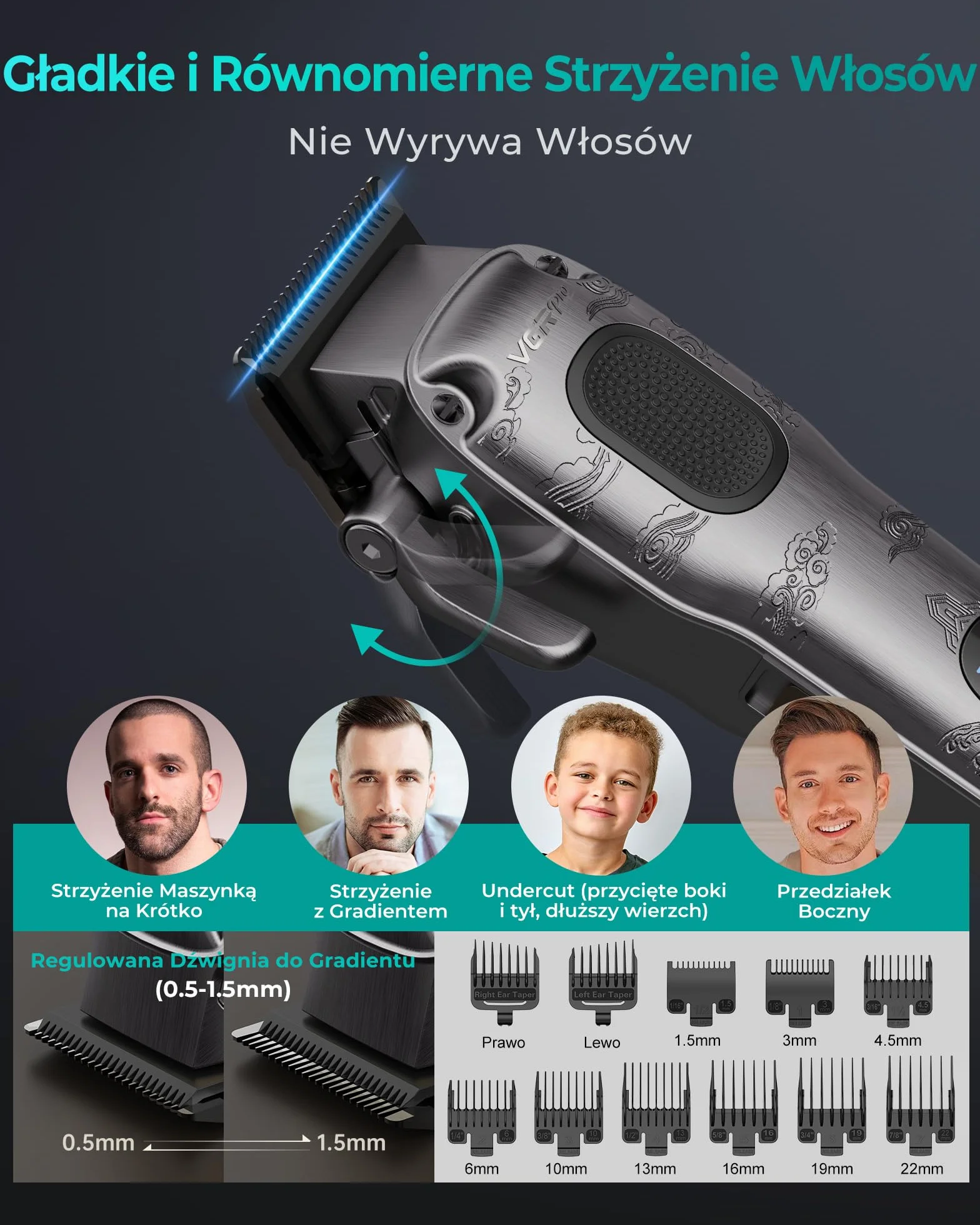 VGRPRO Maszynka do Strzyżenia Włosów dla Mężczyzn, akumulatorowa bezprzewodowa, z etui, LED, szary