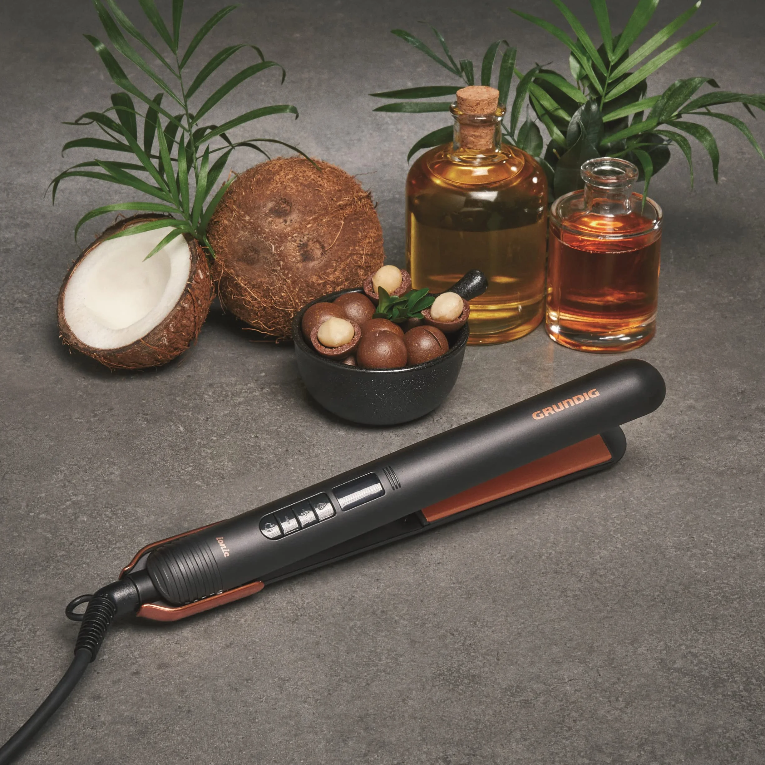 GRUNDIG Naturashine HS 7030 prostownica do włosów, 6 stopni, od 130°C do 230°C, funkcja joniki, ruchome płytki ceramiczne, tryb ochrony włosów, kolor czarny/różowe złoto