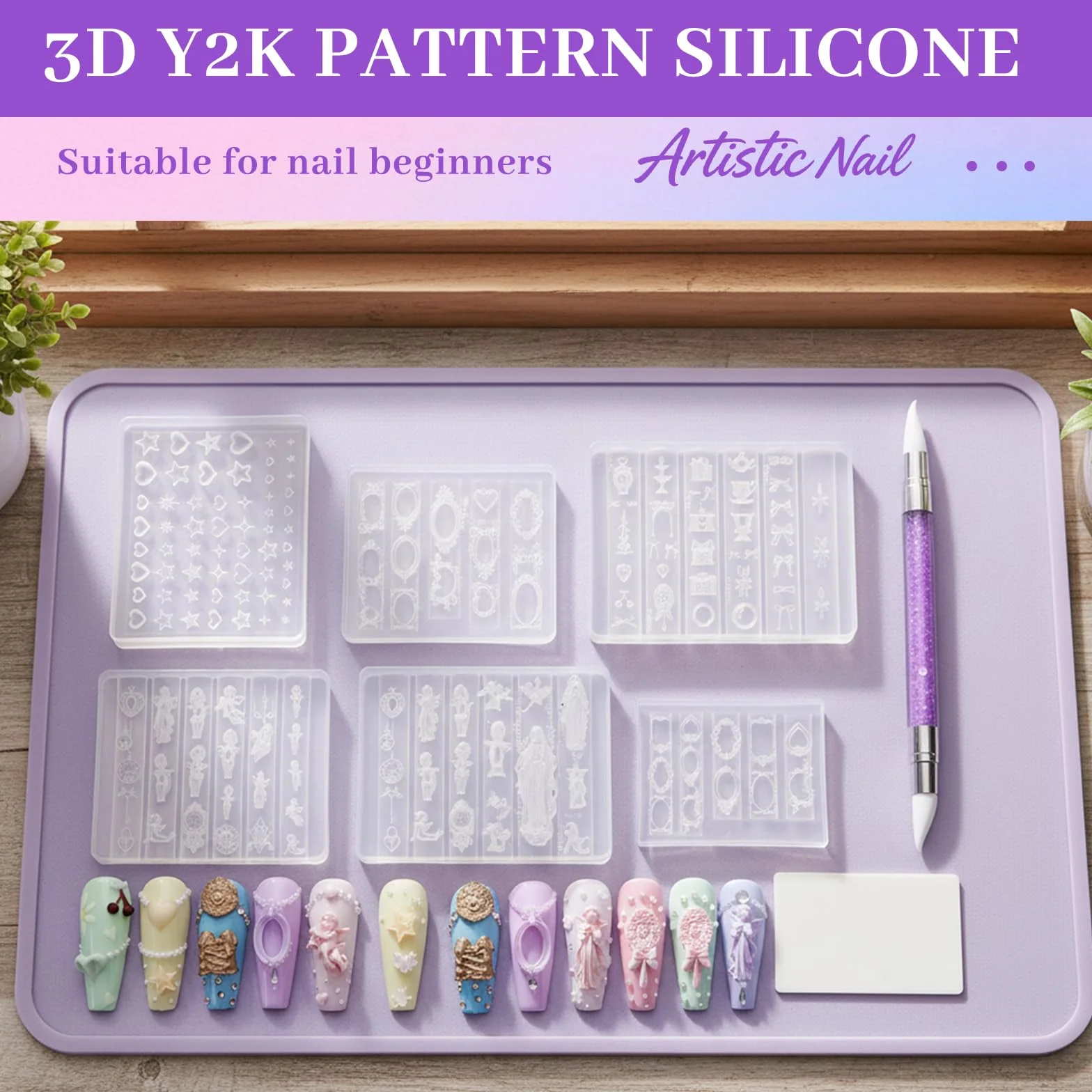 Nails Mold, 4 szt. Stempel do paznokci Zestaw z żelem 3D Nail Art Silikonowy kształt Motywy Y2K, szablony do stempli do paznokci