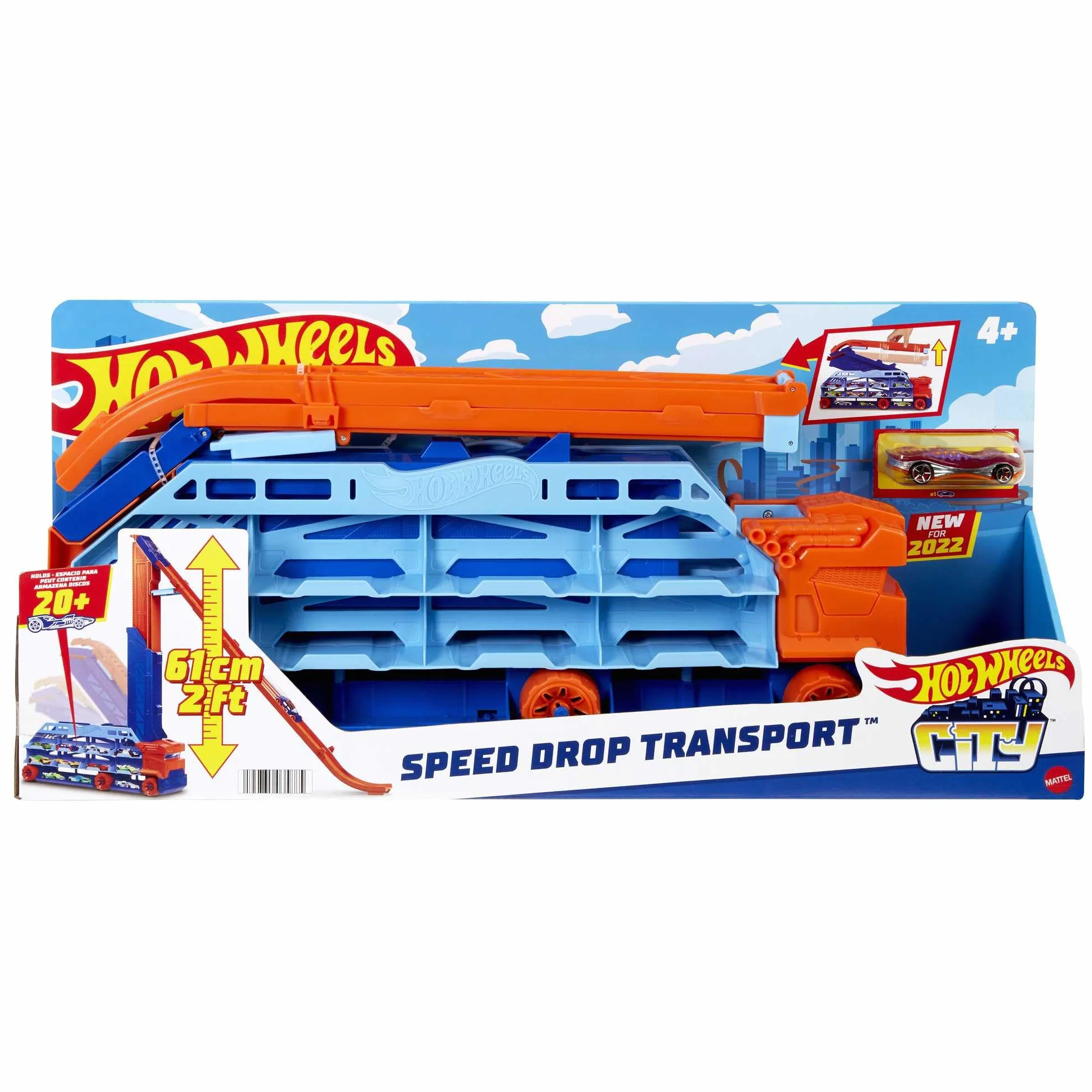 Hot Wheels City Transporter – Epicki Zjazd 2w1, ciężarówka HW z miejscem na ponad 20 pojazdów w skali 1:64 oraz transformacją w zjazd grawitacyjny o wysokości 60 cm + 1 samochodzik, od 4 lat, HDY92