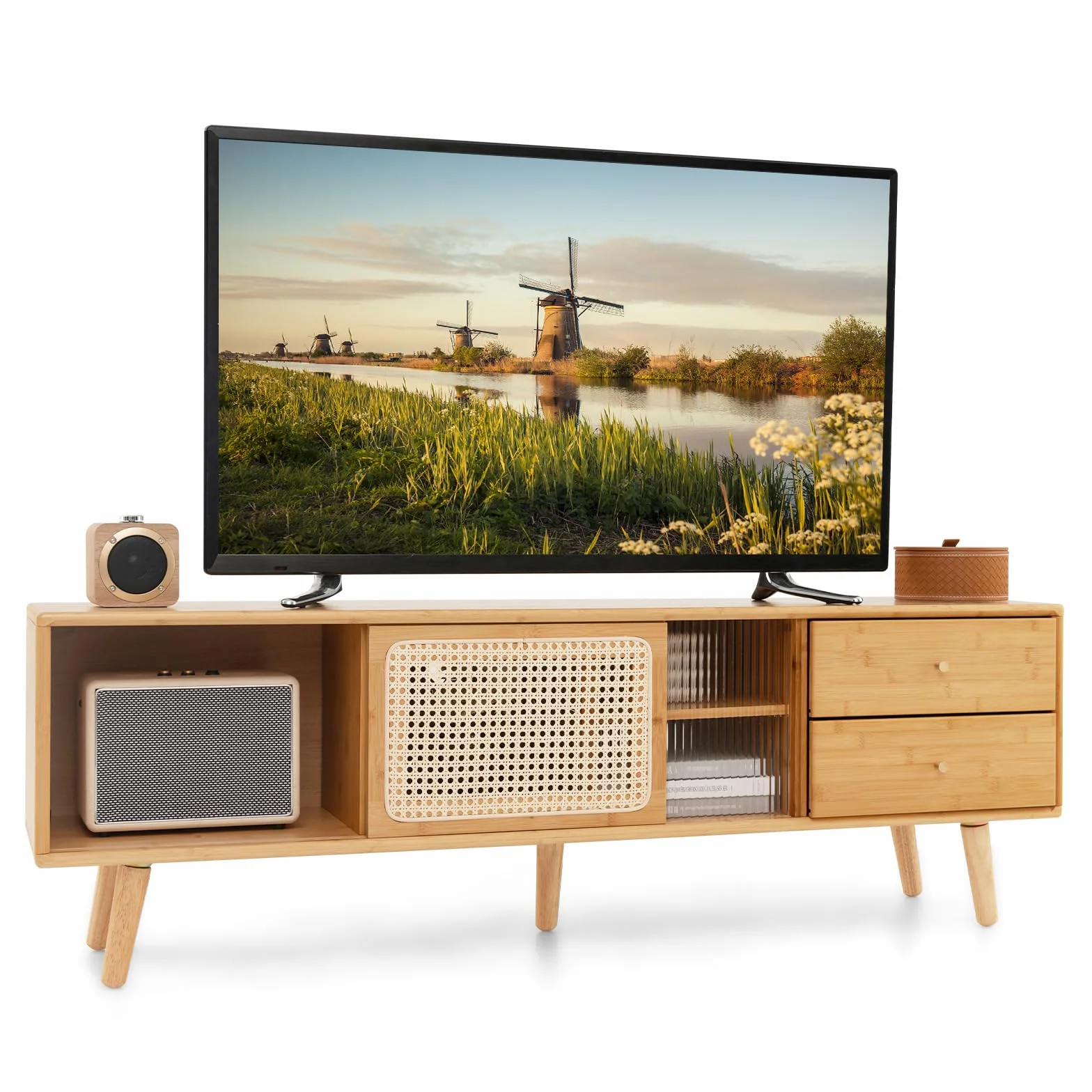 COSTWAY Bambusowa szafka pod telewizor z rattanowymi i szklanymi drzwiami przesuwnymi, stolik pod telewizor z 2 szufladami, szafka pod telewizory do 65 cali, do salonu, 140 x 31 x 45,5 cm