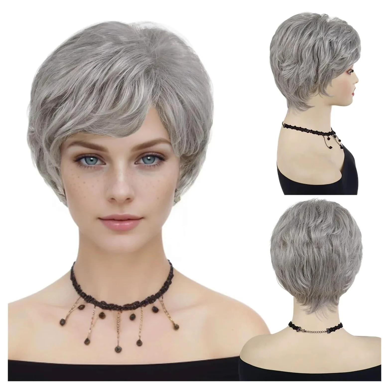 1 szt. Krótkie peruki syntetyczne dla kobiet srebrnoszare włosy pełna peruka z grzywką naturalny styl mama starsza pani kostium Cosplay