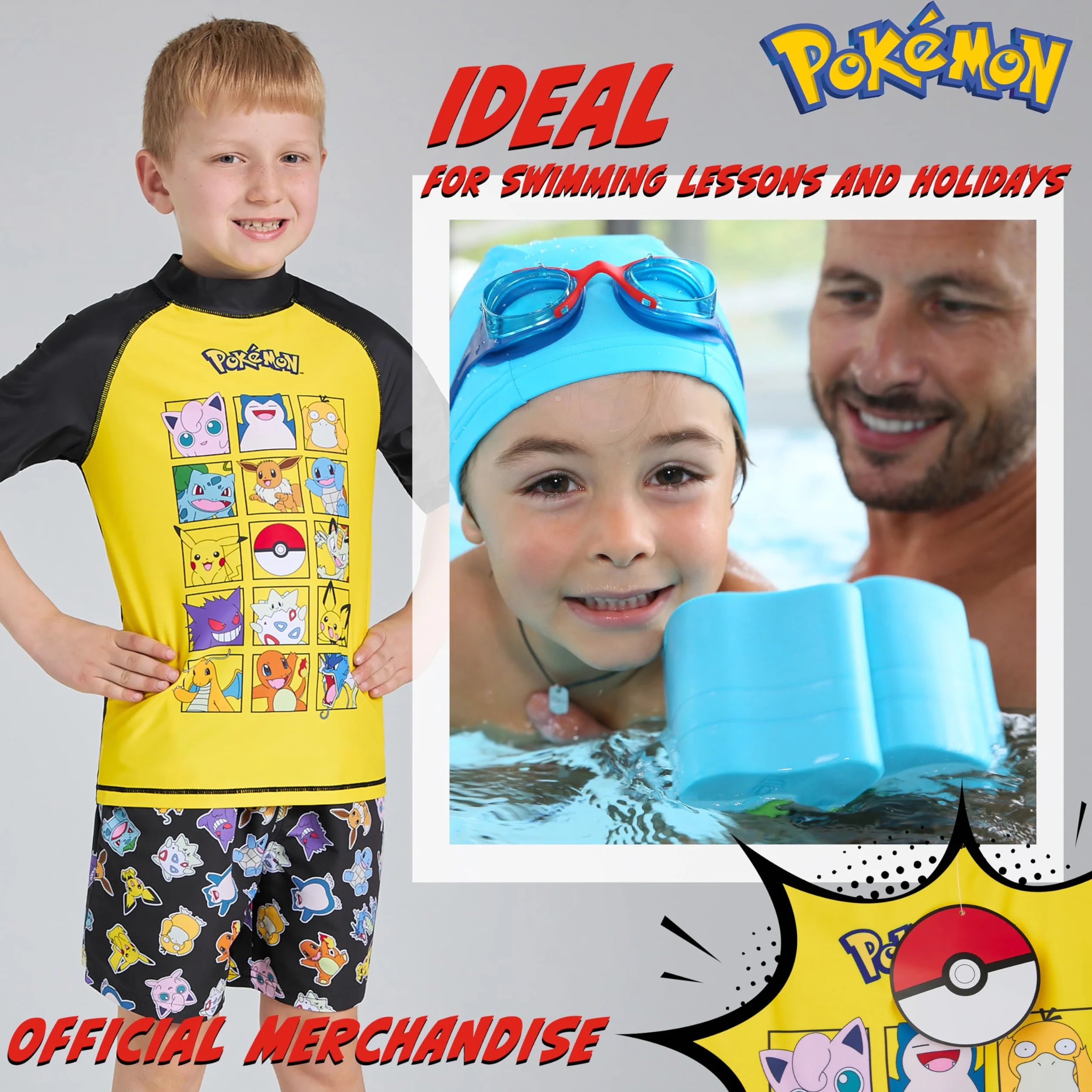 Pokemon kostium kąpielowy dla chłopców, dwuczęściowy strój kąpielowy – koszulka do pływania i szorty kąpielowe