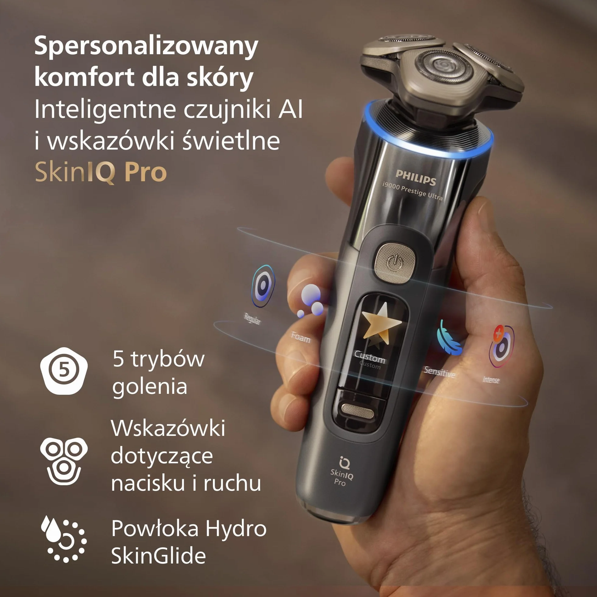 Philips Shaver i9000 Prestige Ultra, golarka elektryczna do golenia na sucho i mokro z technologią Skin IQ Pro, System Triple Lift & Cut, obrotowe 360º ostrza, 5 trybów golenia, Model XP9402/11