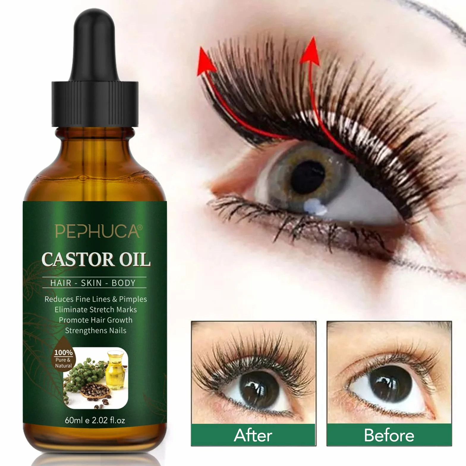 Olej rycynowy – Bio Castor Oil do włosów, rzęs, brwi, brody, paznokci, 100% czysty i naturalnie tłoczony na zimno, stosowany do wzrostu włosów, krem nawilżający i serum do rzęs, 60 ml