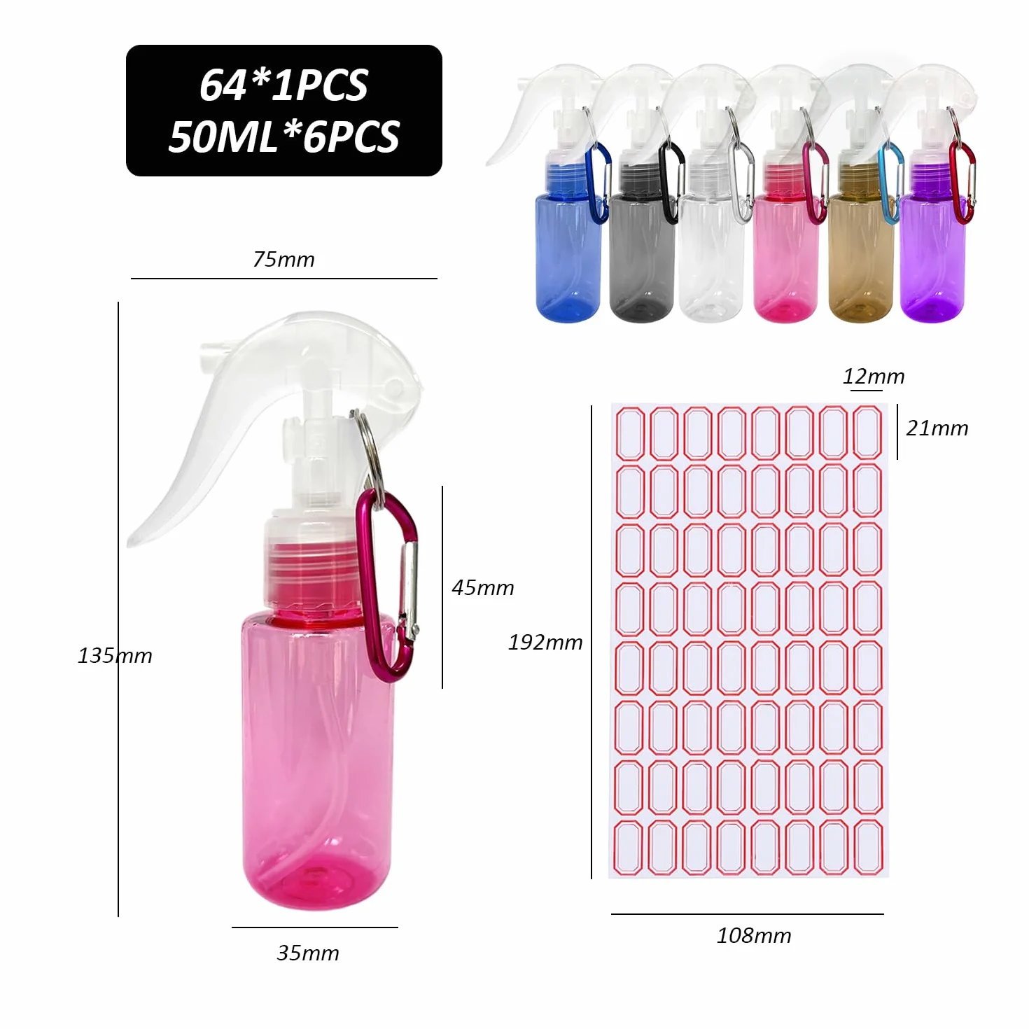 6 sztuk butelek z rozpylaczem 60 ml z 6 karabińczykami, 64 naklejkami, mini rozpylacz, przezroczysta butelka z rozpylaczem, przenośna butelka podróżna, pojemnik wielofunkcyjny do
