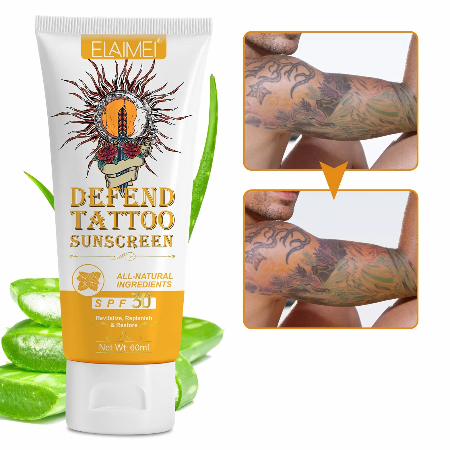 VRAIKO ELAMEI Tattoo Sunscreen SPF 30+, 70% Natural Ingredients Tattoo Fade Protection Moisturizer with Aloe, argan, Rose Hips Oil, Masło Cocoa, Non-Greasy Formula, 2oz