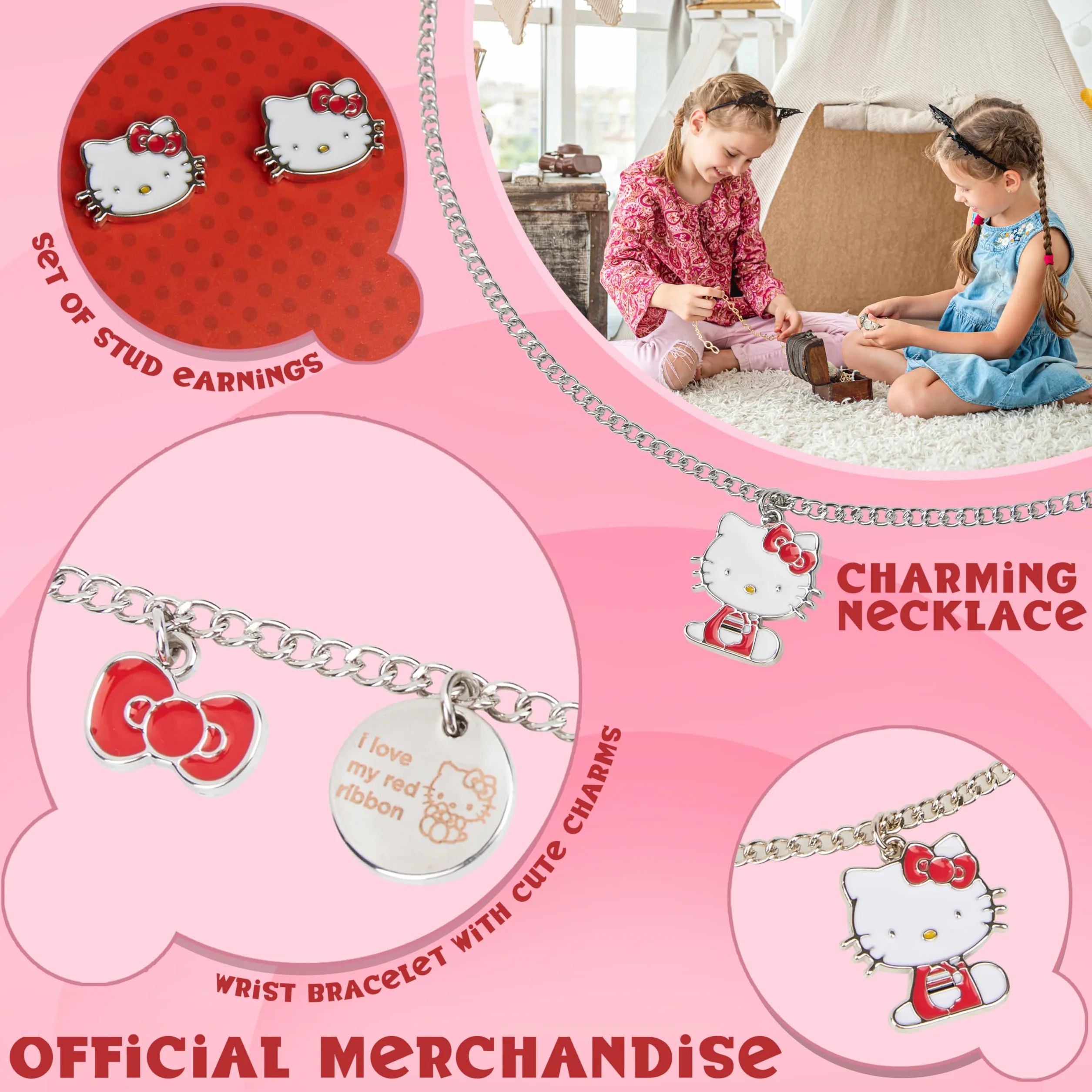 Hello Kitty Zestaw biżuterii dla dziewcząt i nastolatek, naszyjnik w kolorze srebrnym, bransoletka i kolczyki - Kawaii Gifts for Girls