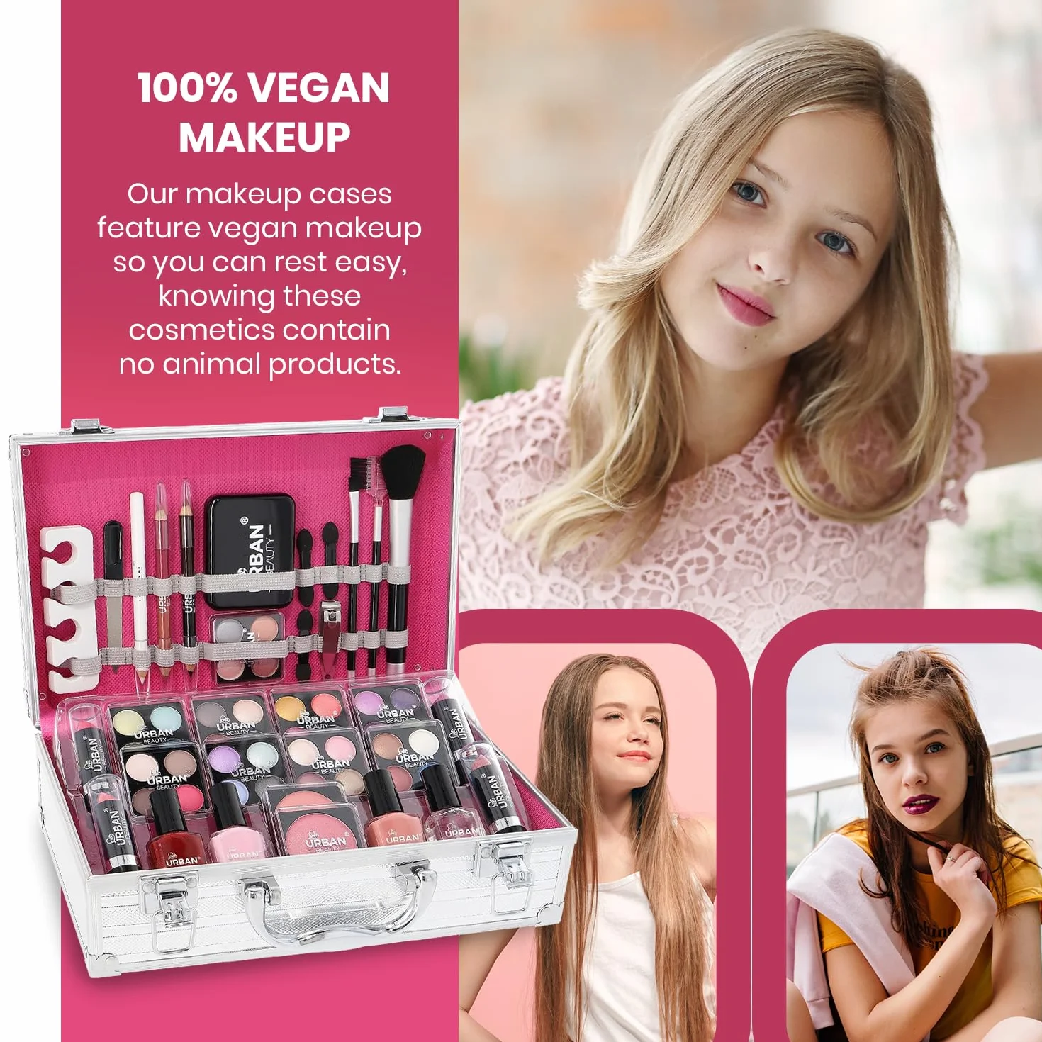 LOVE URBAN BEAUTY Essentials Wegańska kosmetyczka na kosmetyki – 64-częściowy wegański zestaw do makijażu dla nastolatków – Eleganckie srebrne pudełko – Kompaktowa i lekka konstrukcja