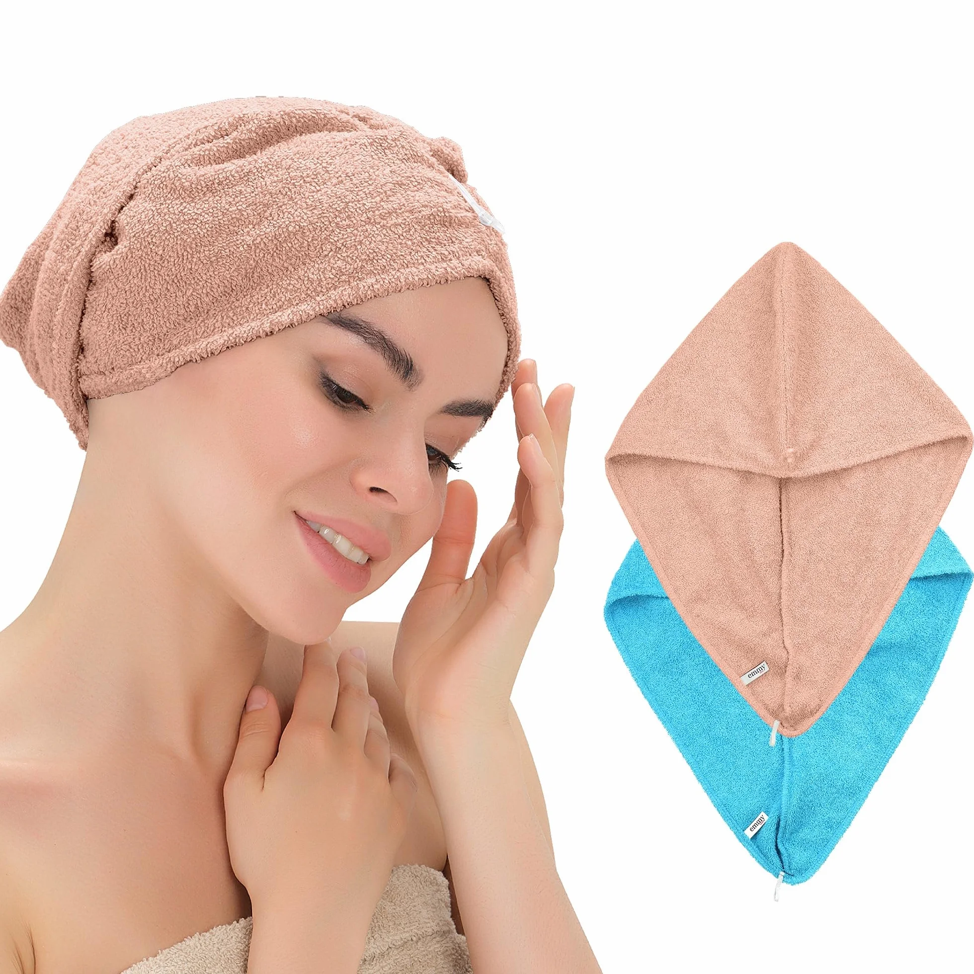 100% bawełna, 2 sztuki, szybkoschnący, turban, ręcznik do włosów z guzikami, różowo-niebieski