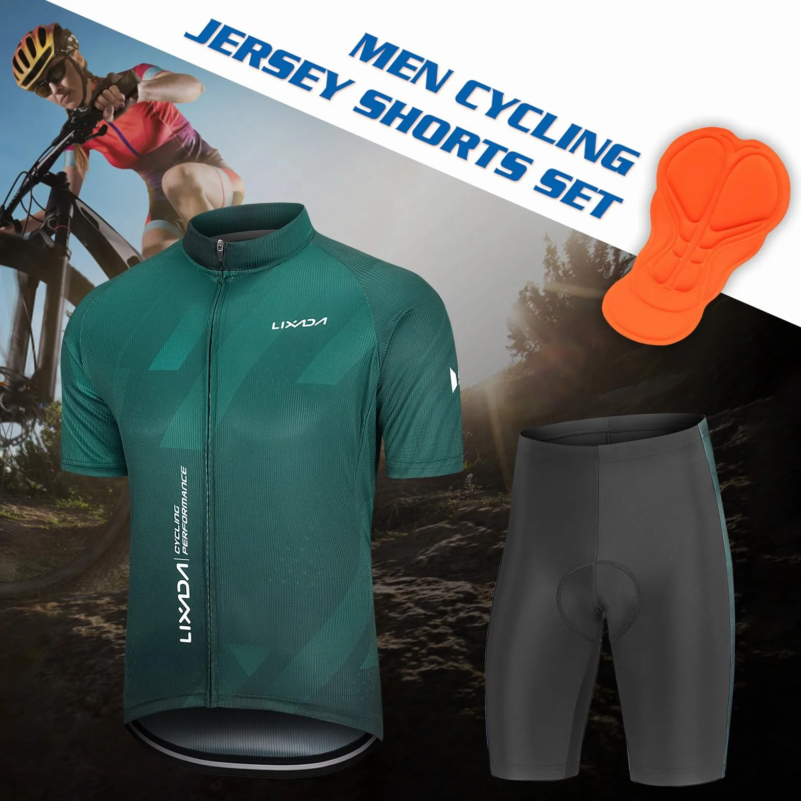 Lixada Koszulka rowerowa z krótkim rękawem, męska, oddychająca, na lato, z krótkim rękawem, wyściełane spodenki, strój rowerowy MTB do sportów na świeżym powietrzu