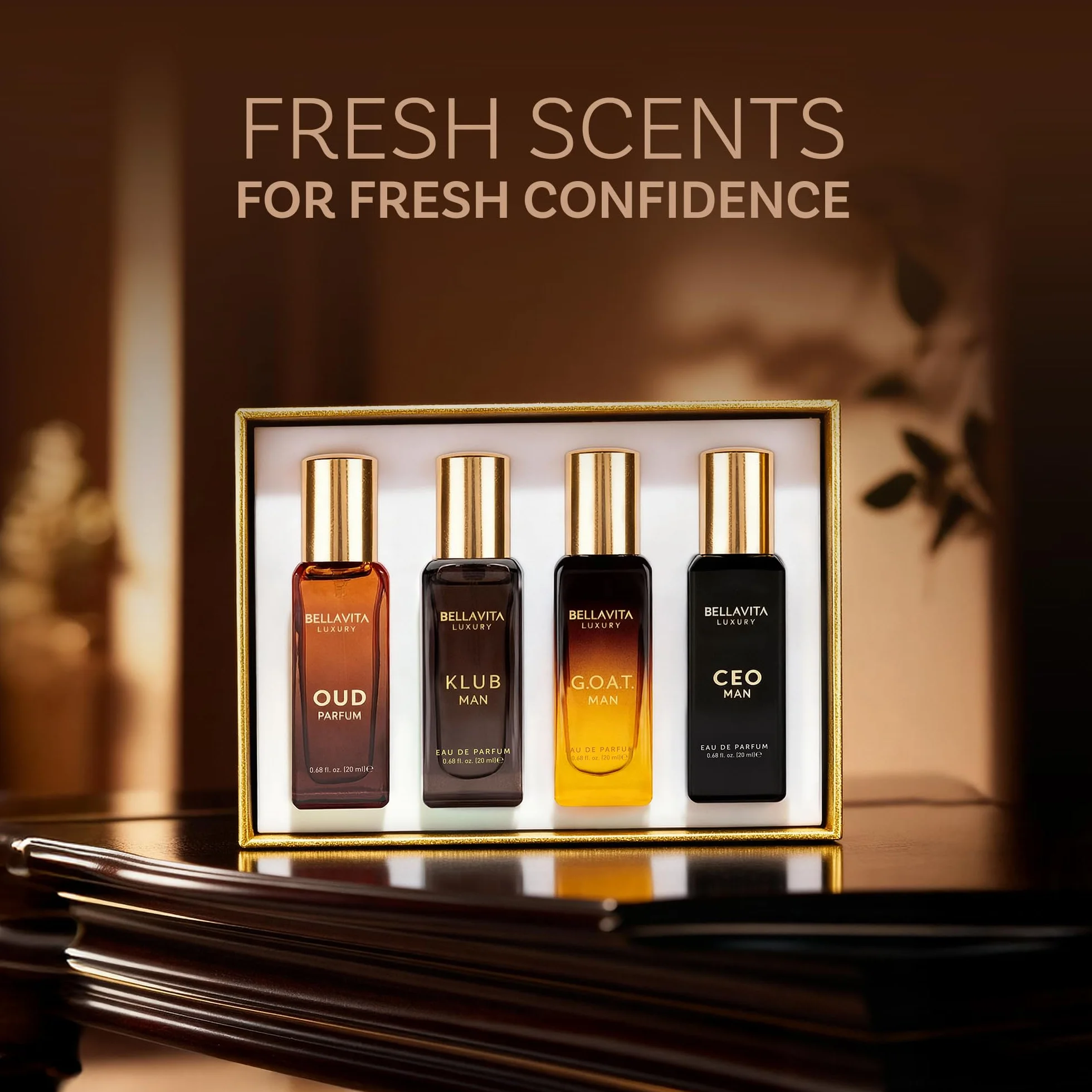 Bella Vita Luxury Długotrwały zestaw upominkowy perfum dla mężczyzn, 4 x 20 ml, prezenty dla mężczyzn, drzewny, cytrusowy, oud, zapach premium | KLUB, OUD, CEO, G.O.A.T