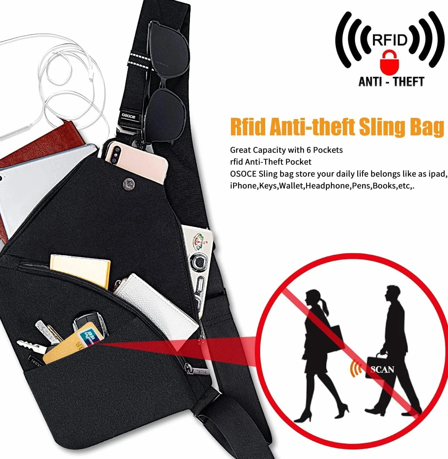 OSOCE Męska torba na klatkę piersiową, antykradzieżowa torba na ramię, torba crossbody, wodoodporne torby, pokrowiec na rower, wędrówki, podróż dla mężczyzn i kobiet, 2.0 Czarny, L,