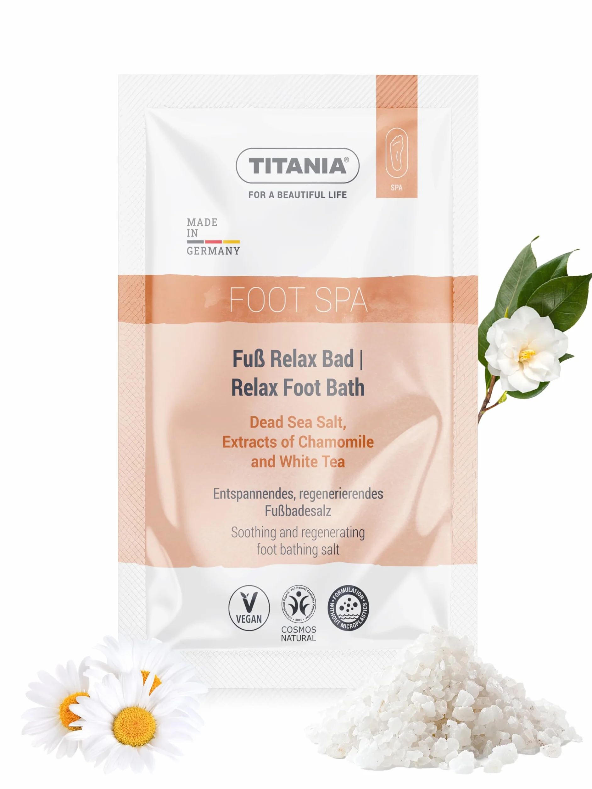 TITANIA® Sól do kąpieli stóp, 40 g, z ekstraktem z rumianku i białej herbaty, naturalna pielęgnacja stóp, do relaksu i regeneracji, wegańska, bez mikroplastiku, testowana dermatologicznie,