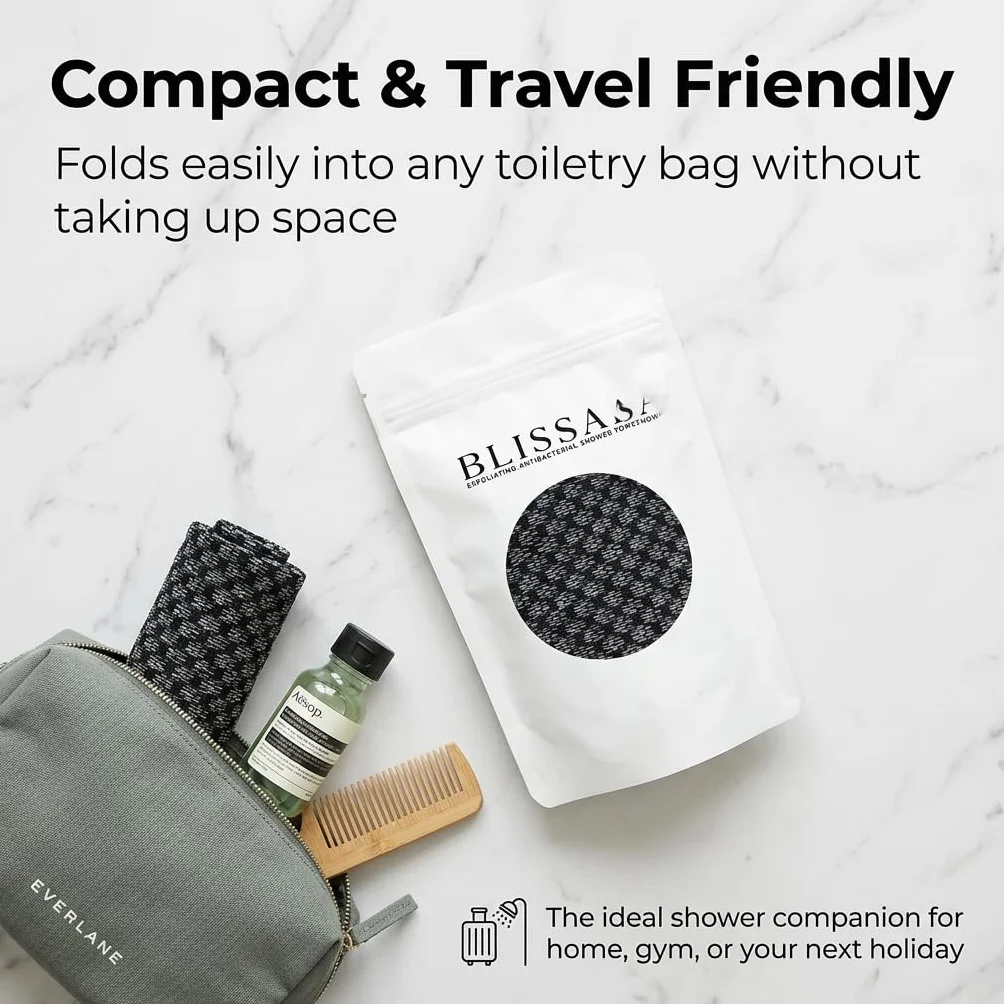 Exfoliating Antibacterial Shower Towel, bardzo długa myjka peelingowa dla mężczyzn i kobiet, głęboko oczyszczający pas do mycia pleców do delikatnego peelingu ciała, czarny