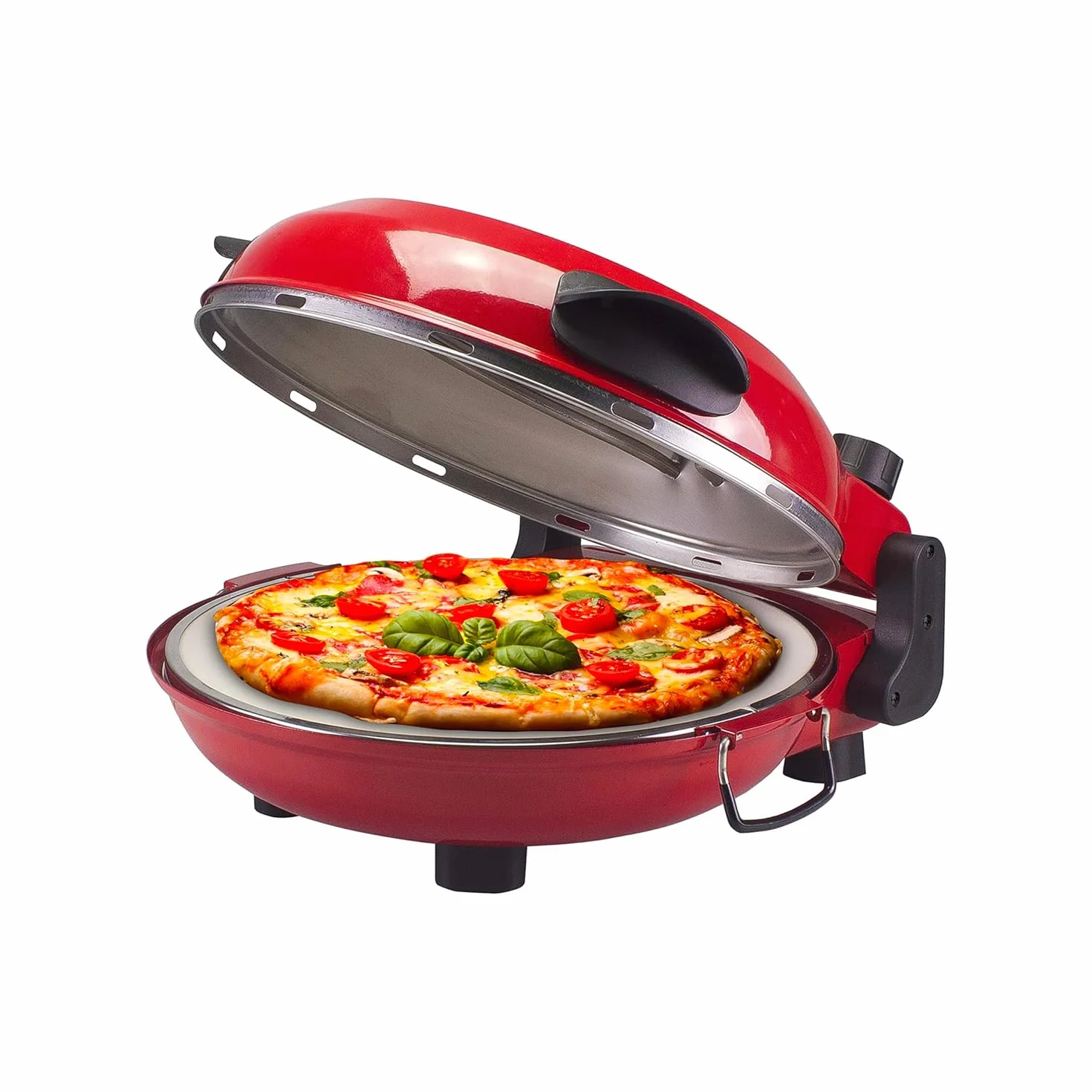 Przenośny elektryczny piekarnik do pizzy z regulowanym zegarem - Okrągły piec do pizzy izolowane termicznie uchwyty i zdejmowana podstawa, metalowy anty-podgrzewający, 35 x 43,5 x 18,5 cm, 1200 W,