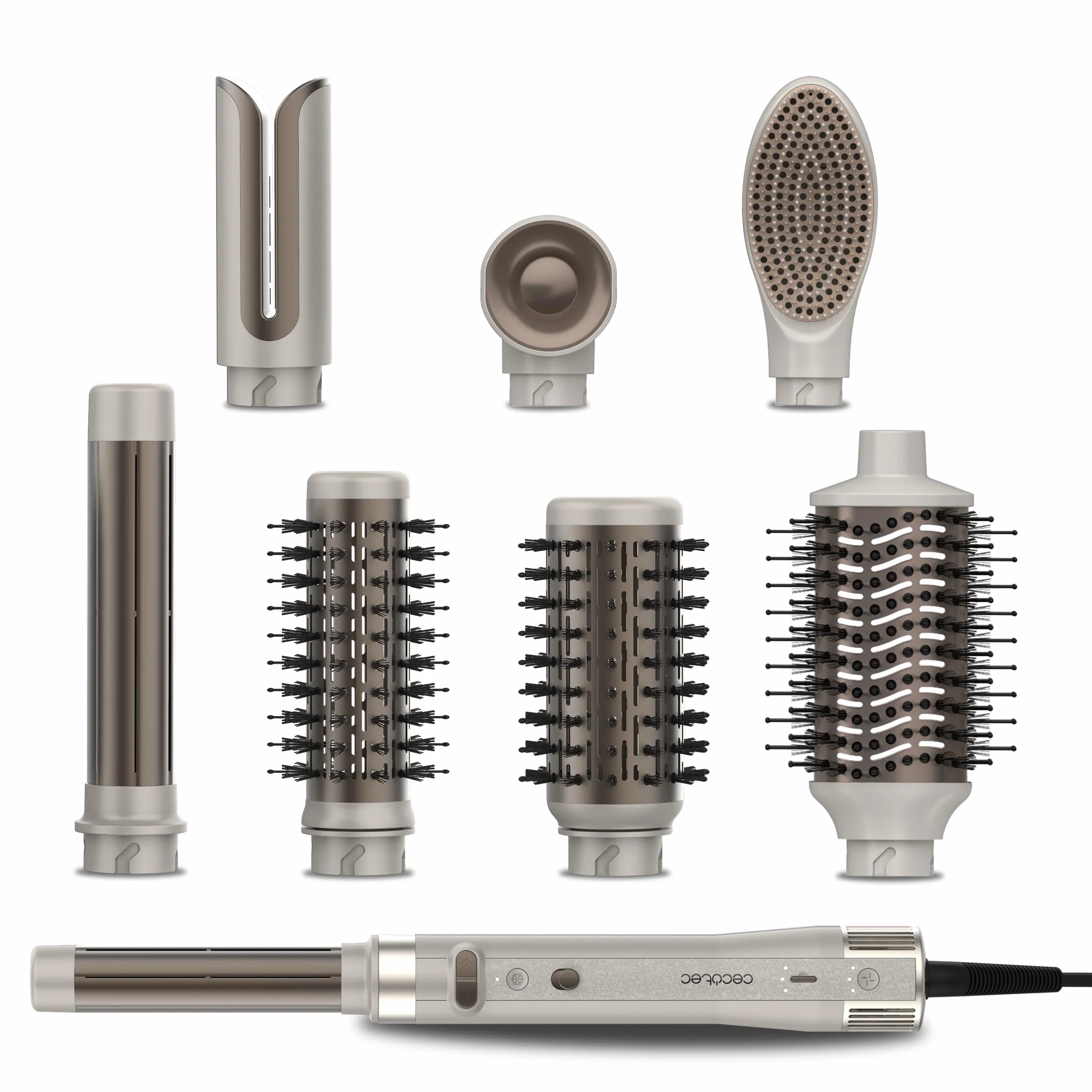 Cecotec 8 głowic CeramicCare 8 w 1 AirGlam Gyro Champagne. 1500W, 110000RPM, wygładzanie, formowanie i kręcenie włosów, silnik szczotkowy, funkcja obrotowa, powłoka ceramiczna i keratynowa