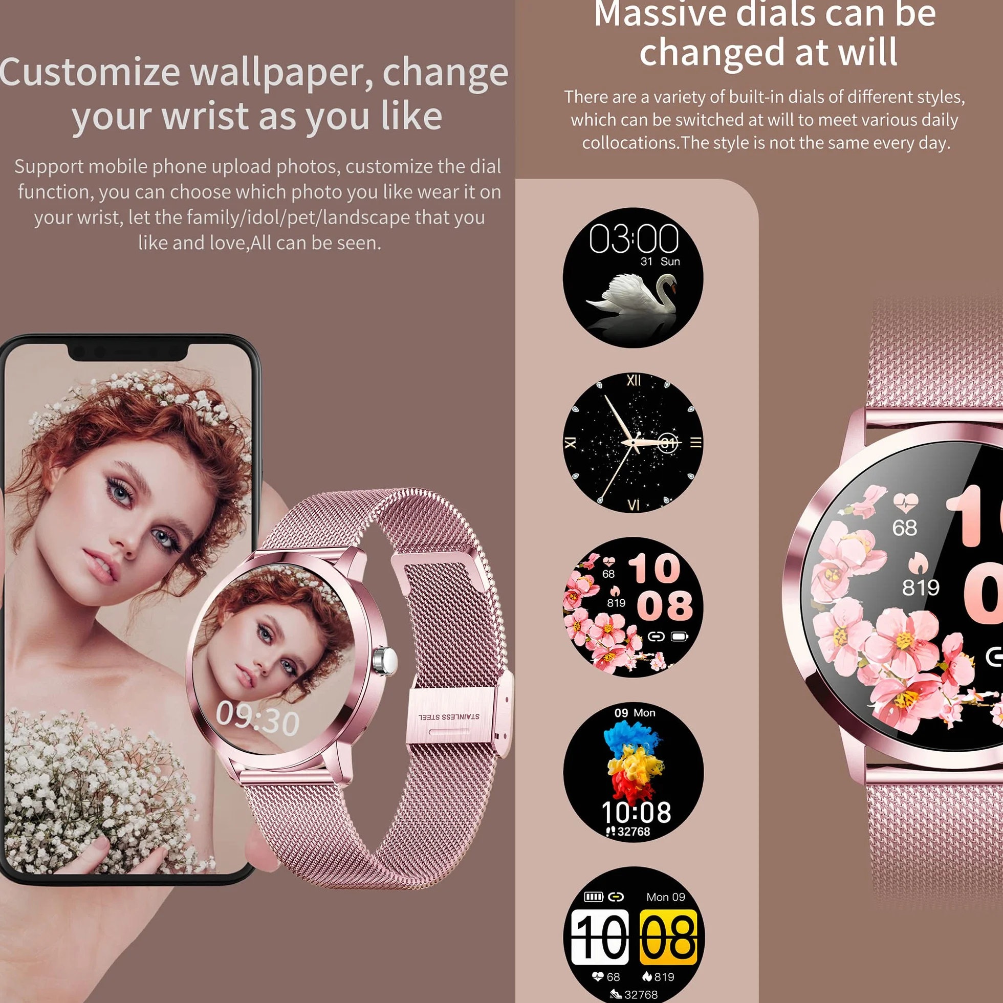 Damski smartwatch, IP68 wodoodporny sportowy smartwatch, 1,1 cala dotykowy pełna kalorii, SpO2, Menstrual Record, Krokomierz Inteligentna bransoletka aktywności z iOS Android