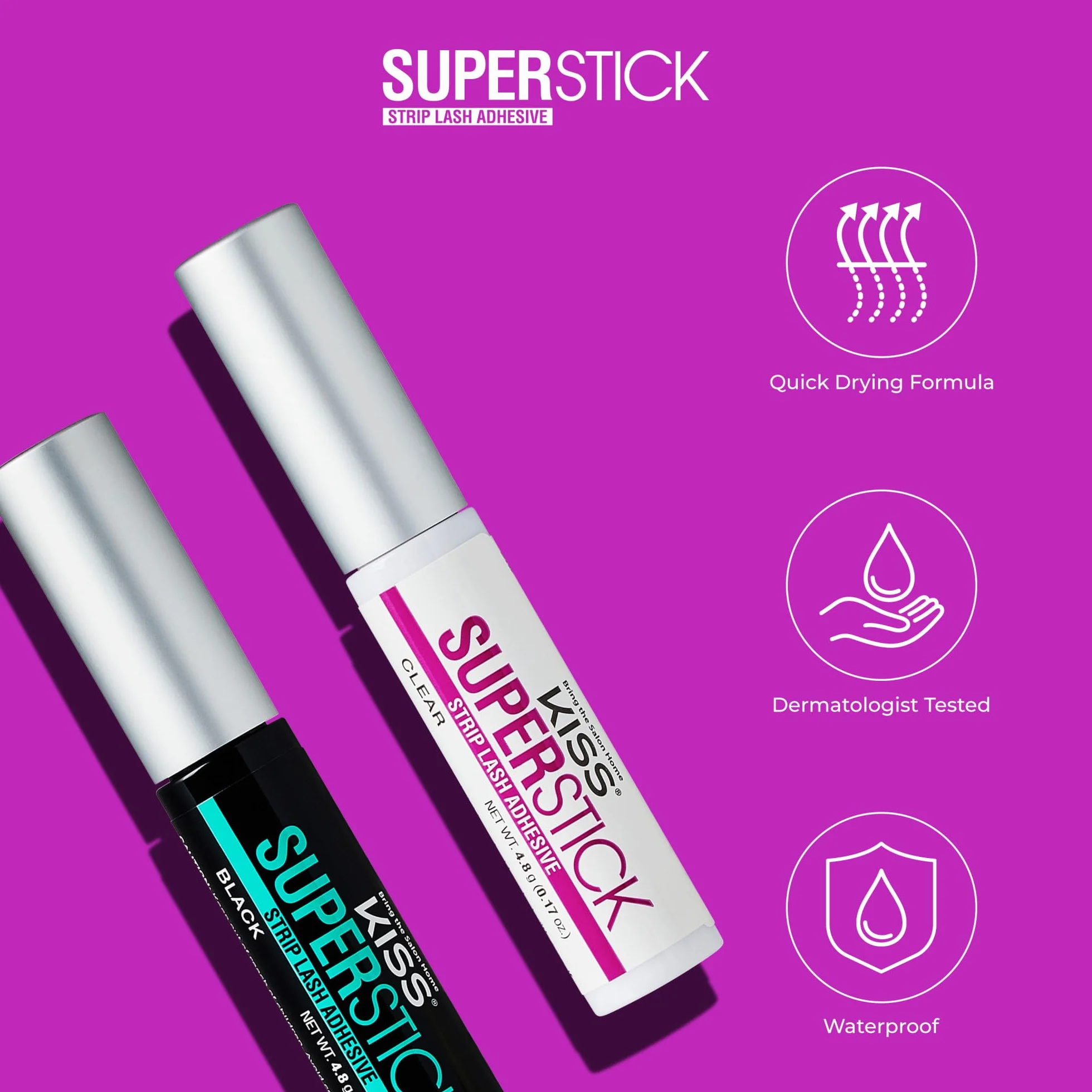 KISS Super Stick klej do rzęs, wydłużony czas noszenia 5 dni, szybkoschnący klej do rzęs, wzbogacony ekstraktem z oczaru wirginijskiego i kaktusa, aplikator pędzla, netto 4,8 g, przezroczysty